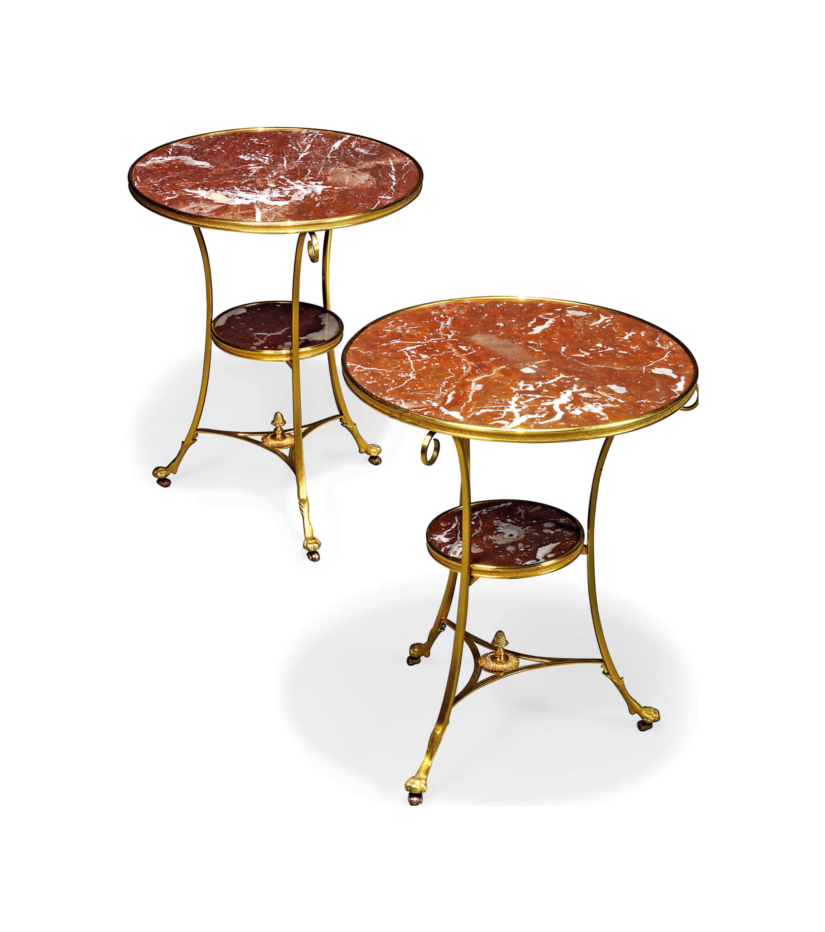 A PAIR OF GILT-METAL MOUNTED ROUGE ROYALE MARBLE GUERIDONS