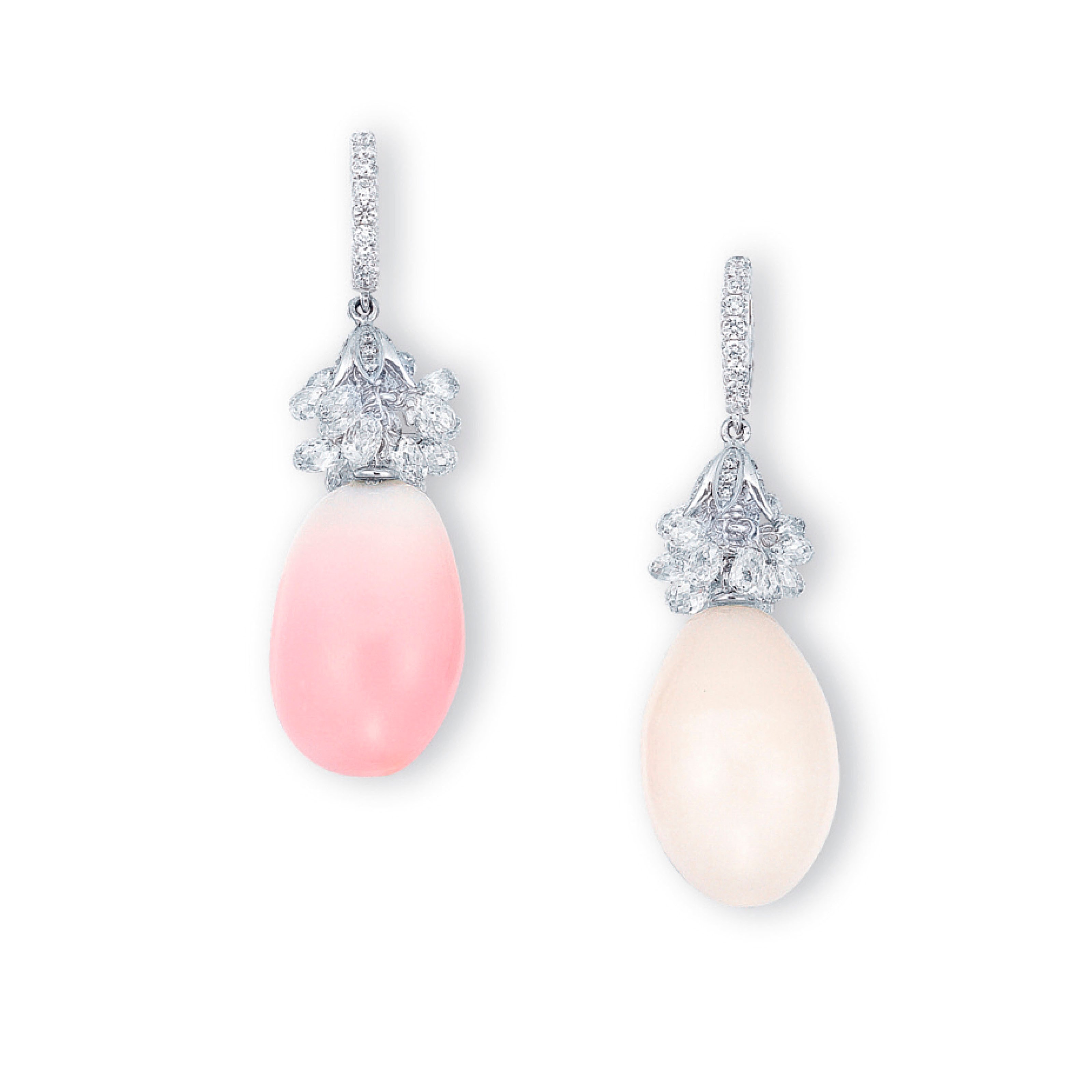 A PAIR OF CONCH PEARL AND DIAMOND EAR PENDANTS