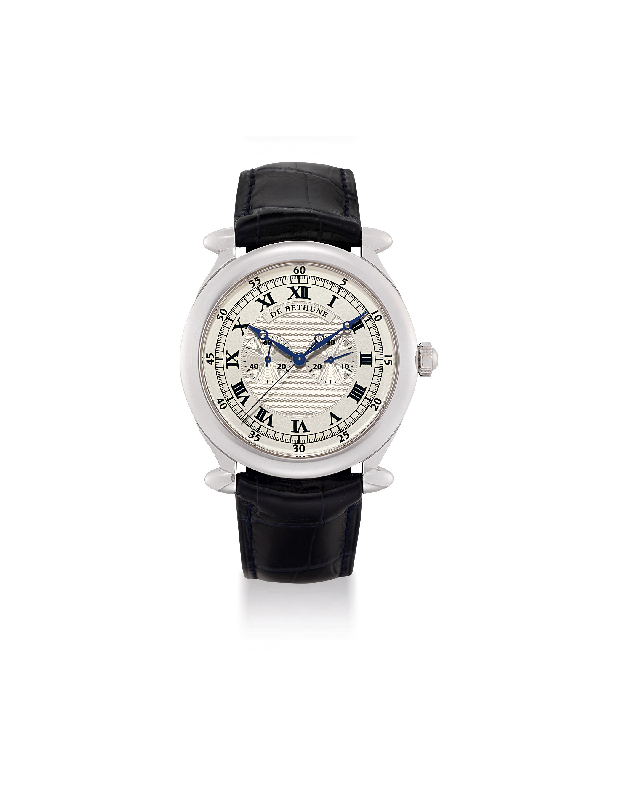 DE BETHUNE. A LARGE 18K WHITE GOLD SINGLE BUTTON CHRONOGRAPH WRISTWATCH