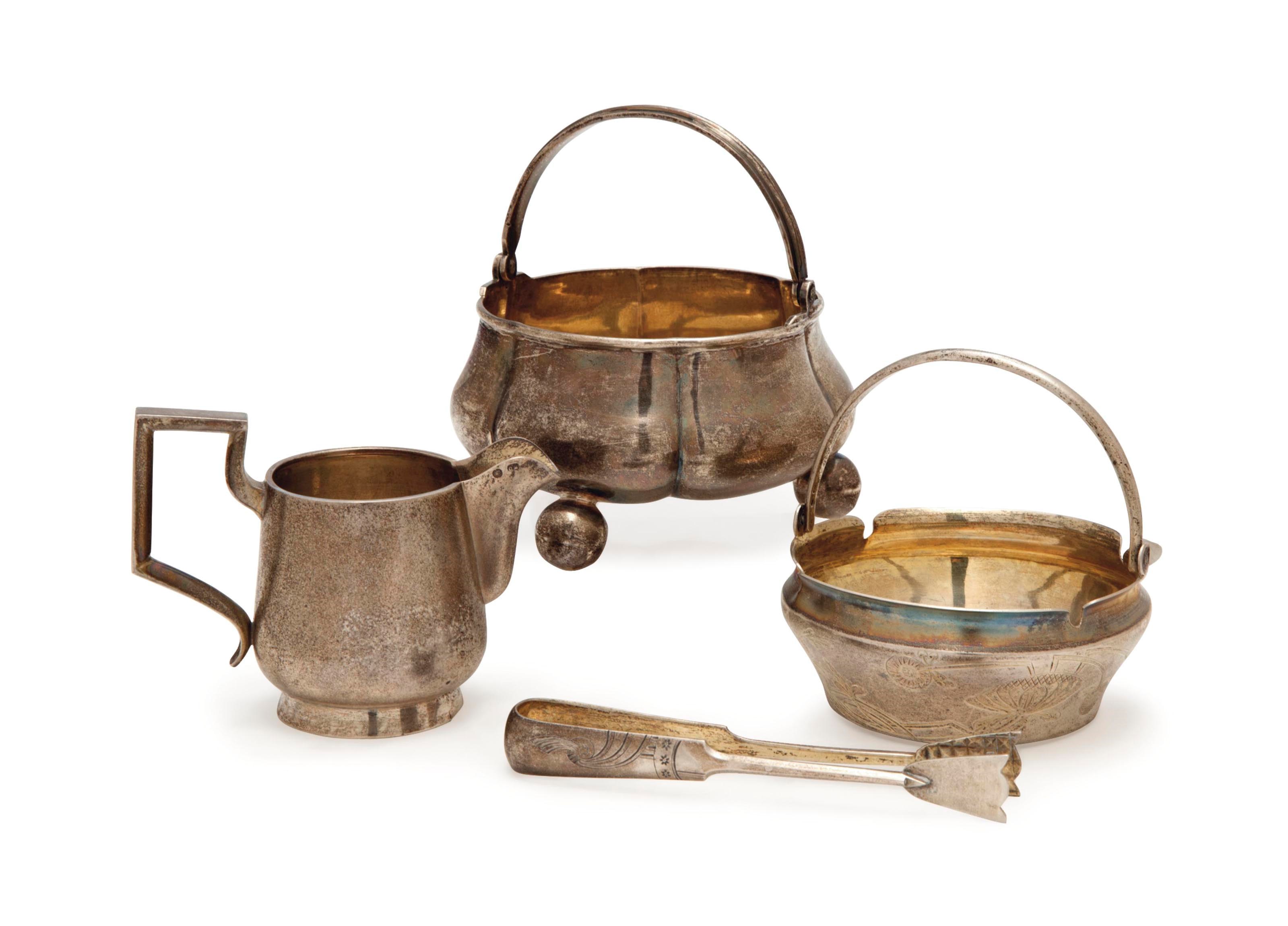 FOUR RUSSIAN SILVER TEAWARES,
