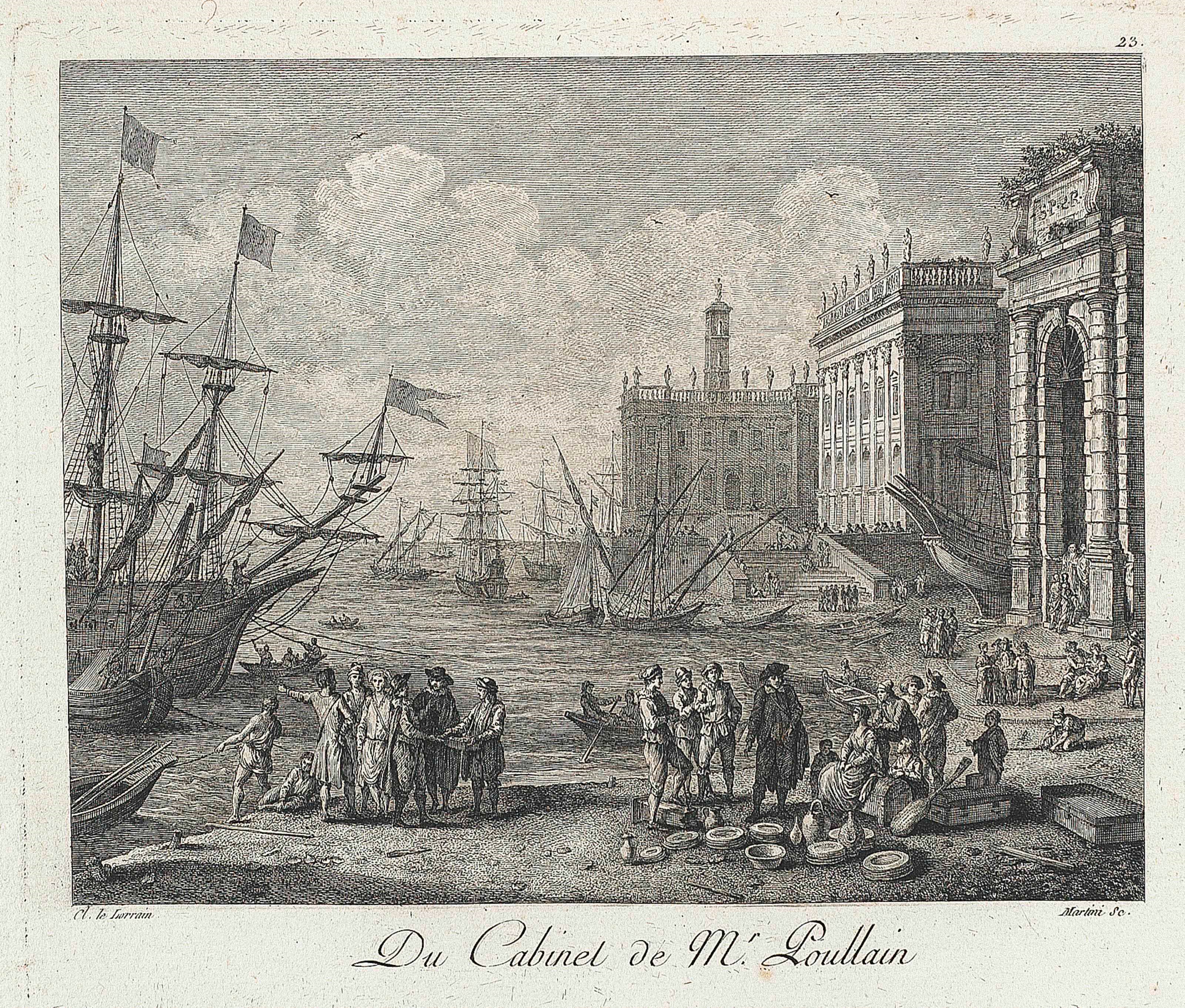 BASAN, Pierre François (1723-1797). Collection de cent-vingt estampes, gravées d'après les tableaux & dessins qui composoient le cabinet de M. Poullain. Paris: Basan et Poignant, 1781. 4° (284 x 220mm), 120 engraved plates (including two engraved titles) on 116 sheets. (Occasional light browning.) Contemporary tree calf, gilt spine with red morocco gilt label, marbled endpapers, marbled edges (extremities lightly rubbed). Provenance: AE (gilt crowned monogram on covers).