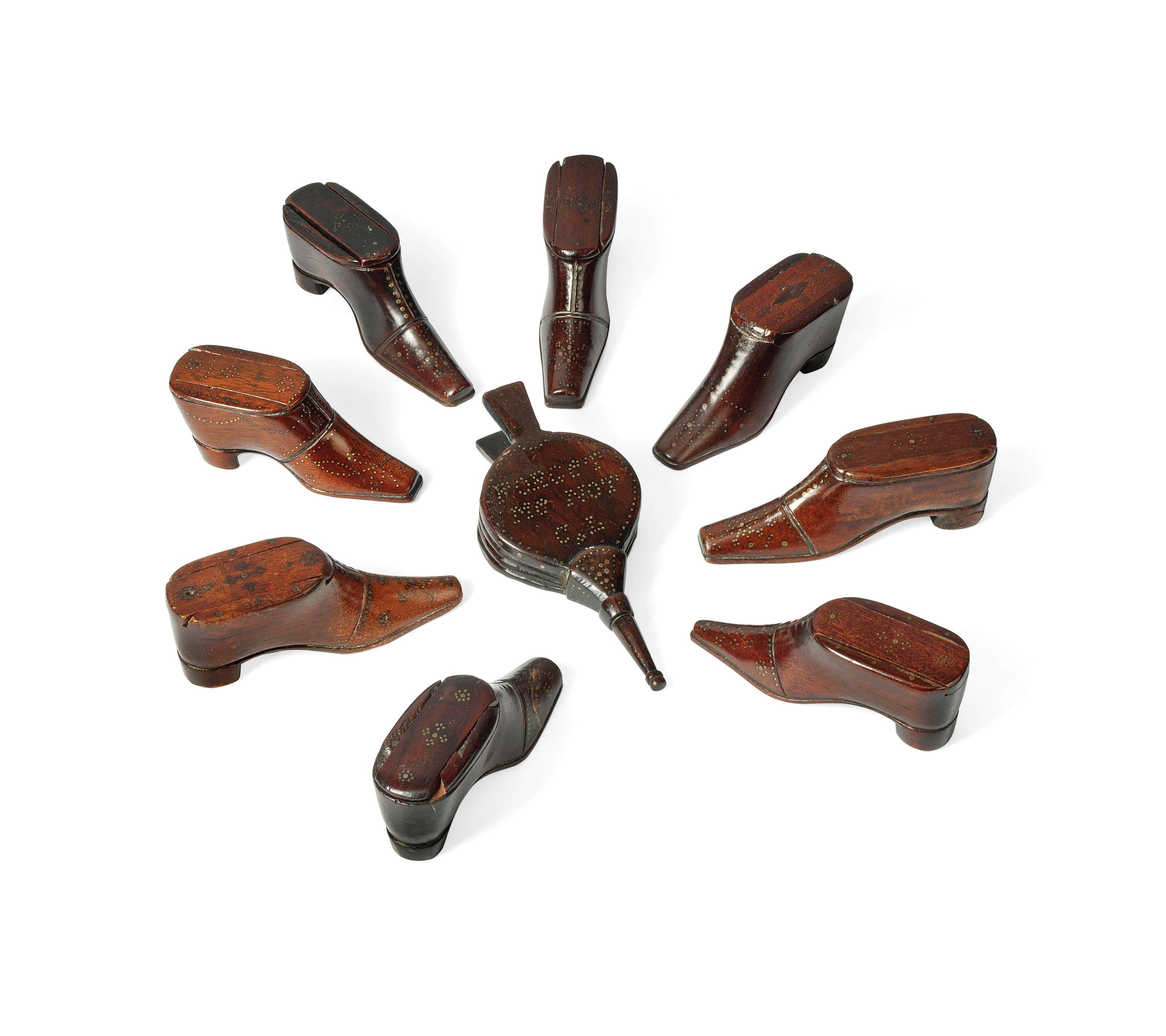 A COLLECTION OF EIGHT NOVELTY FRUITWOOD 'SHOE' SNUFF BOXES