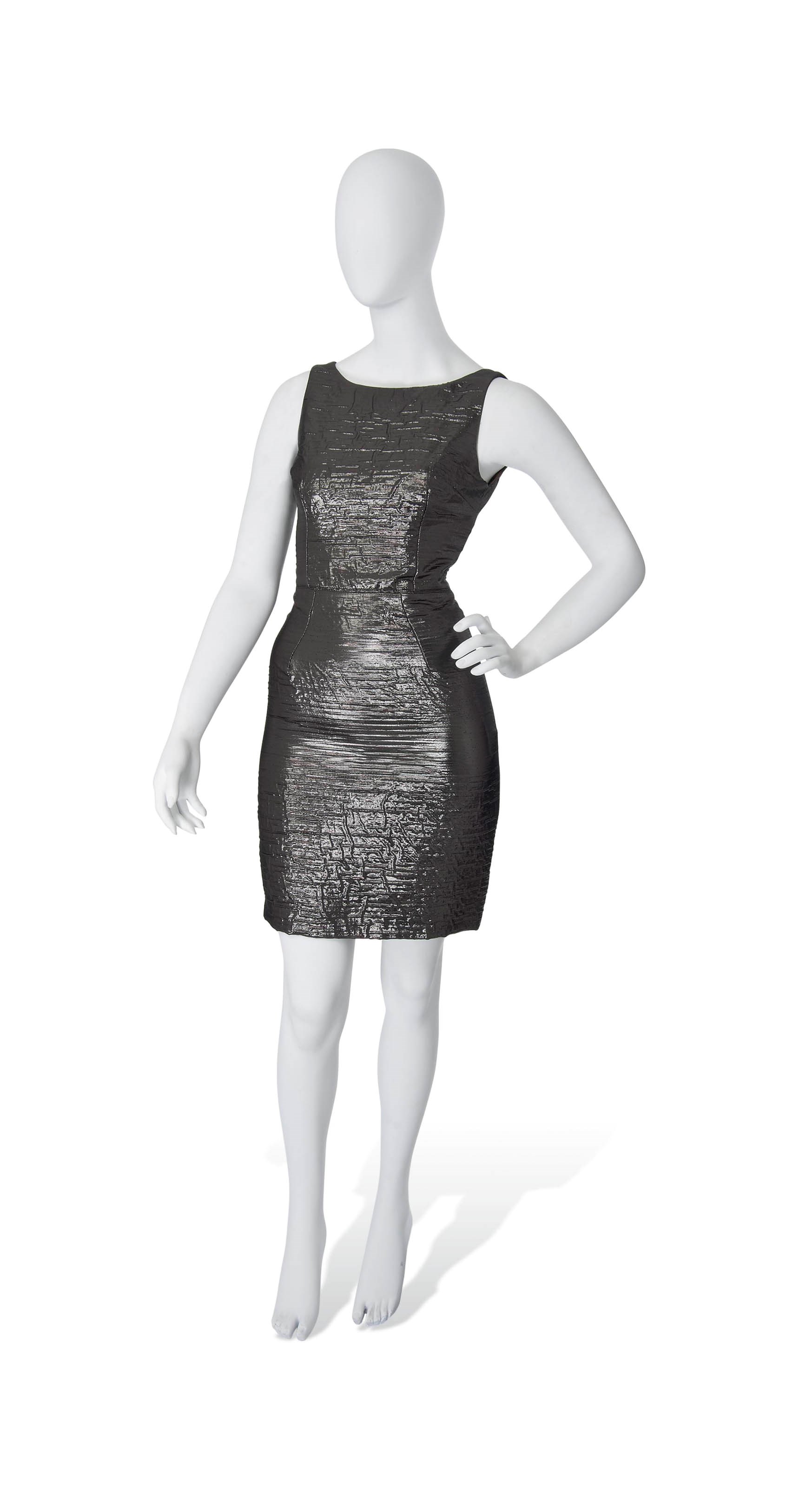A GUNMETAL GREY LUREX AND SILK SHIFT DRESS