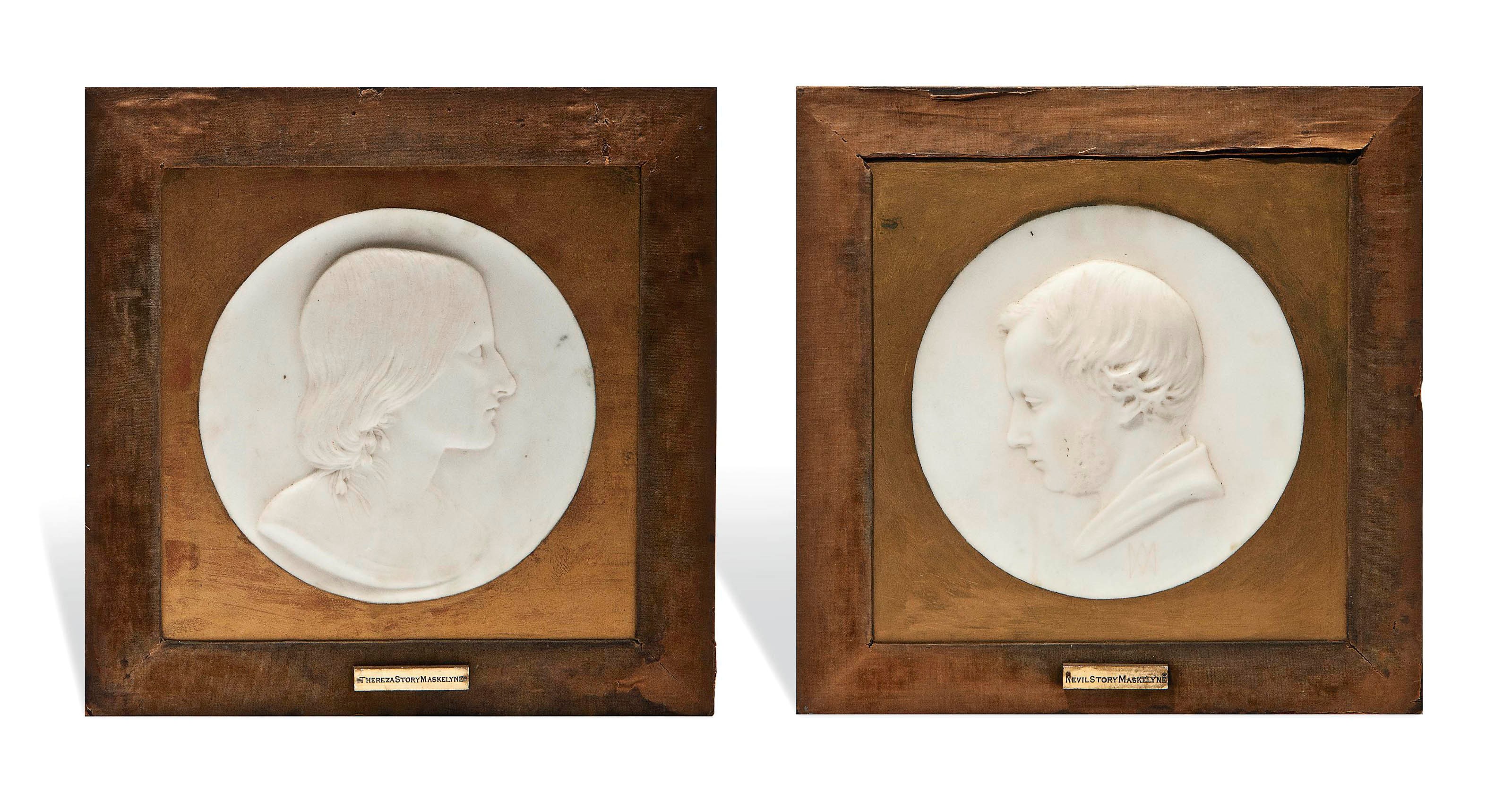 A PAIR OF VICTORIAN MARBLE PORTRAIT RELIEFS OF NEVIL STORY MASKELYNE AND HIS WIFE THEREZA