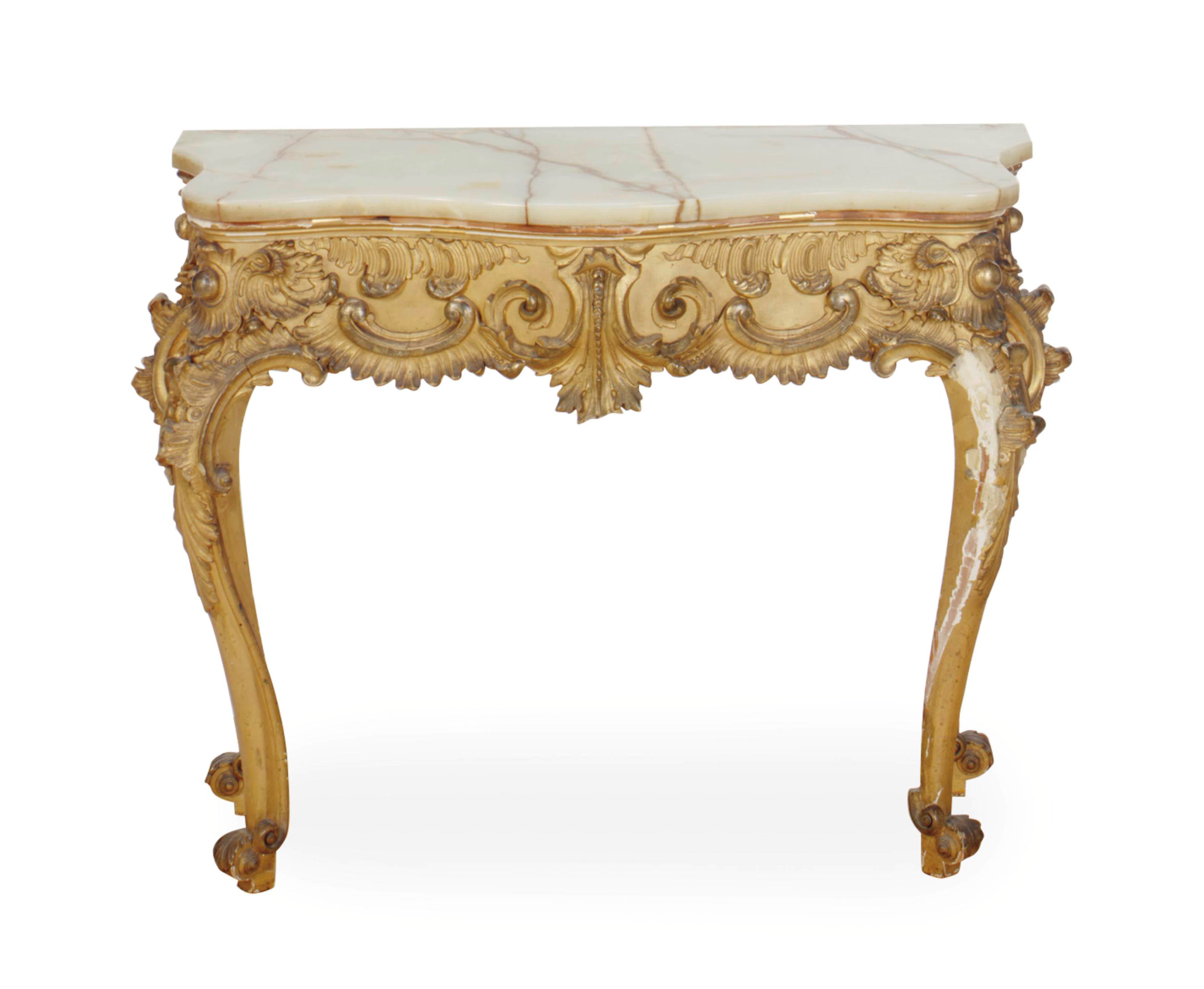 A FRENCH GILTWOOD, COMPOSITION AND ONYX-TOP CONSOLE TABLE,