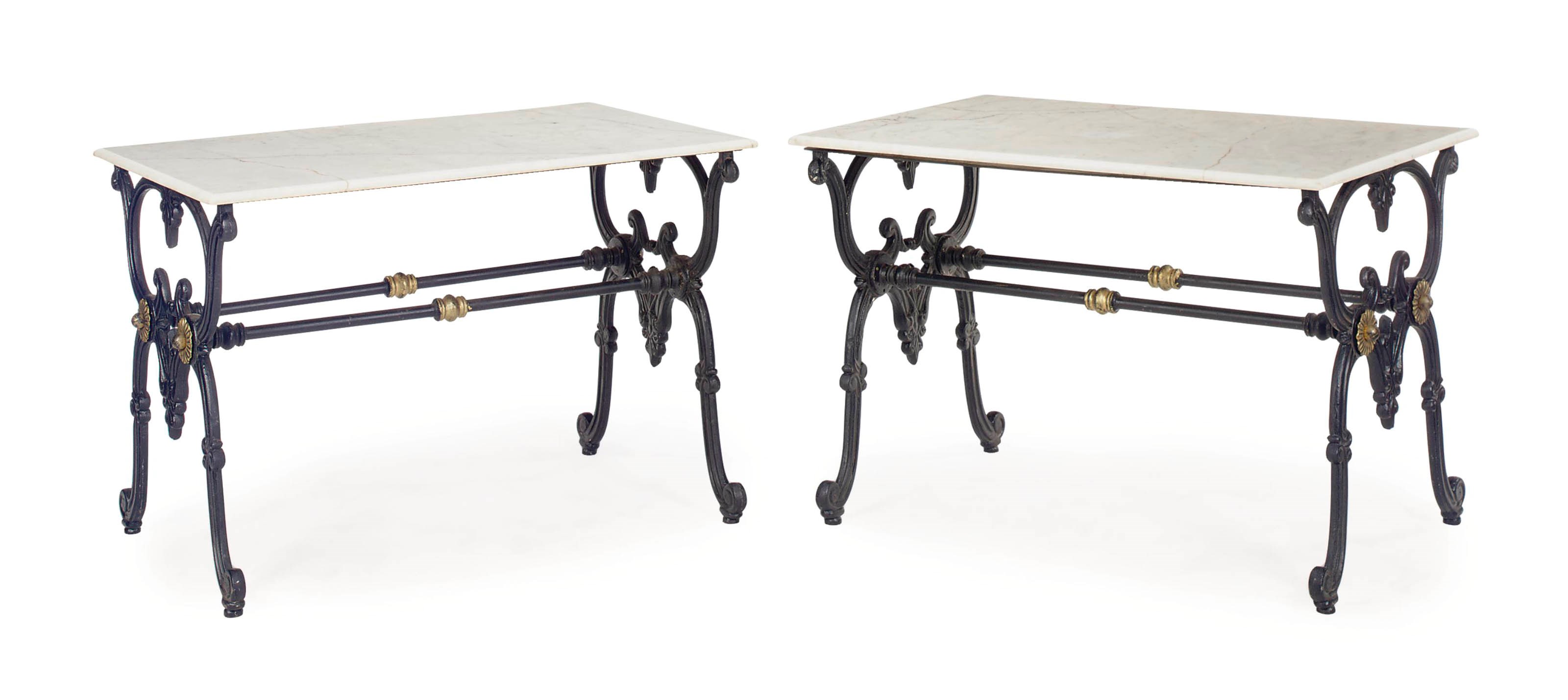 A PAIR OF PARCEL-GILT CAST-IRON AND MARBLE CENTER TABLES,