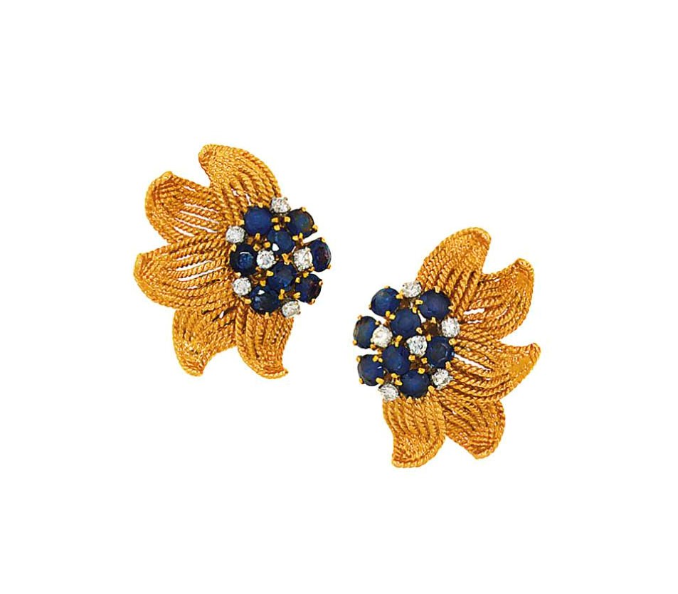 A pair of sapphire and diamond earclips