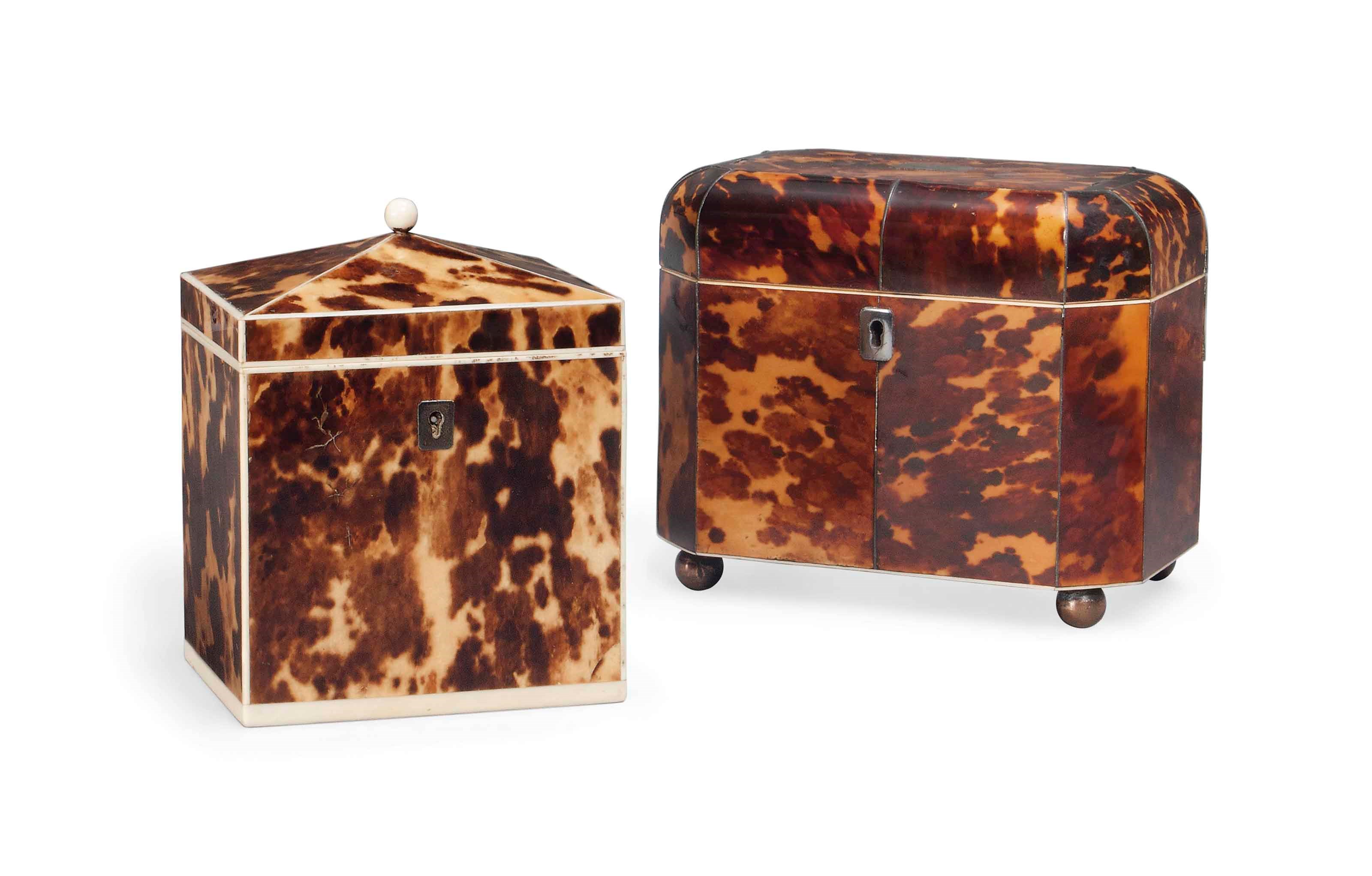 A REGENCY TORTOISESHELL AND IVORY LINED TEA-CADDY