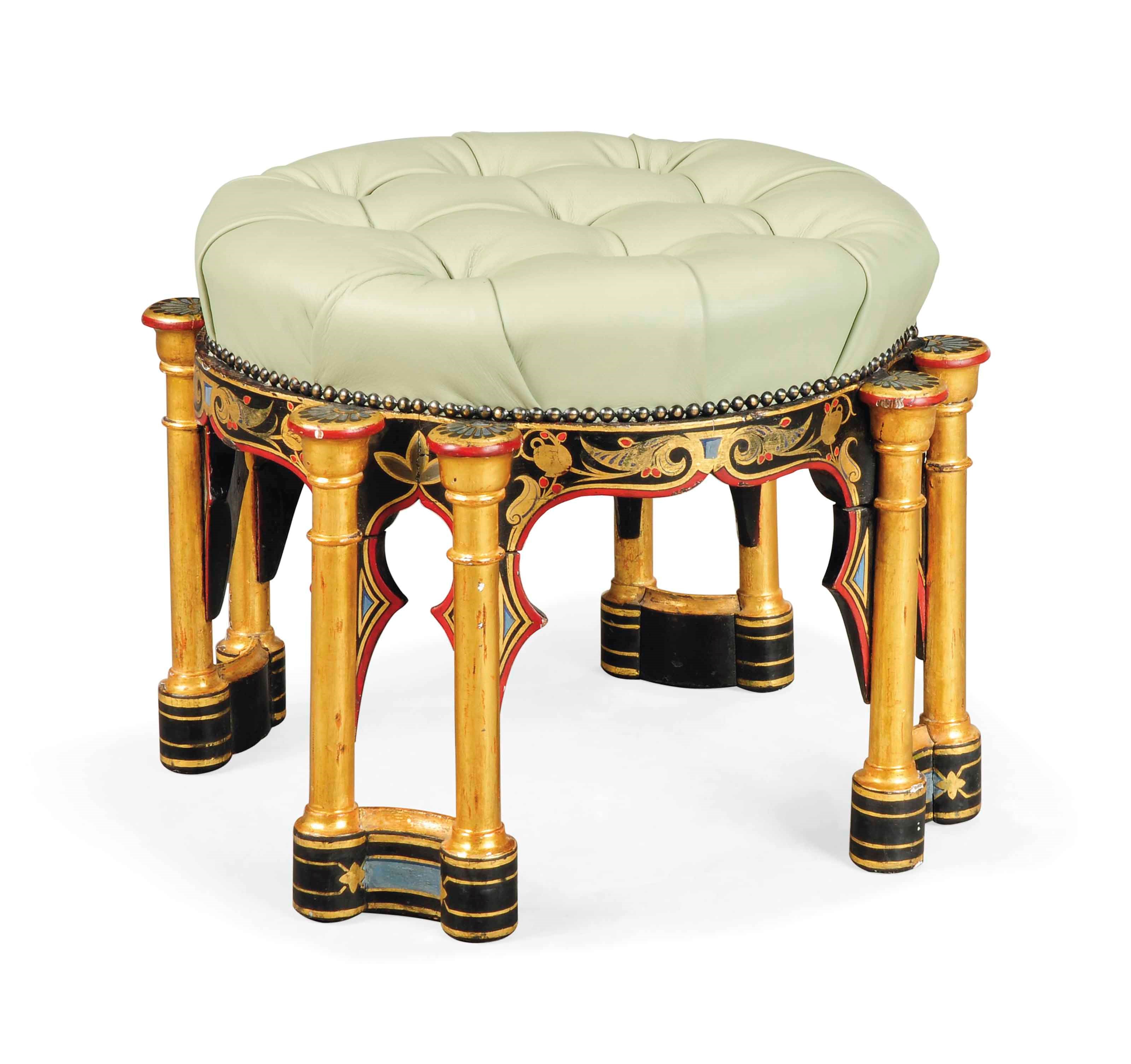 A NAPOLEON III POLYCHROME DECORATED AND PARCEL GILT FOOTSTOOL