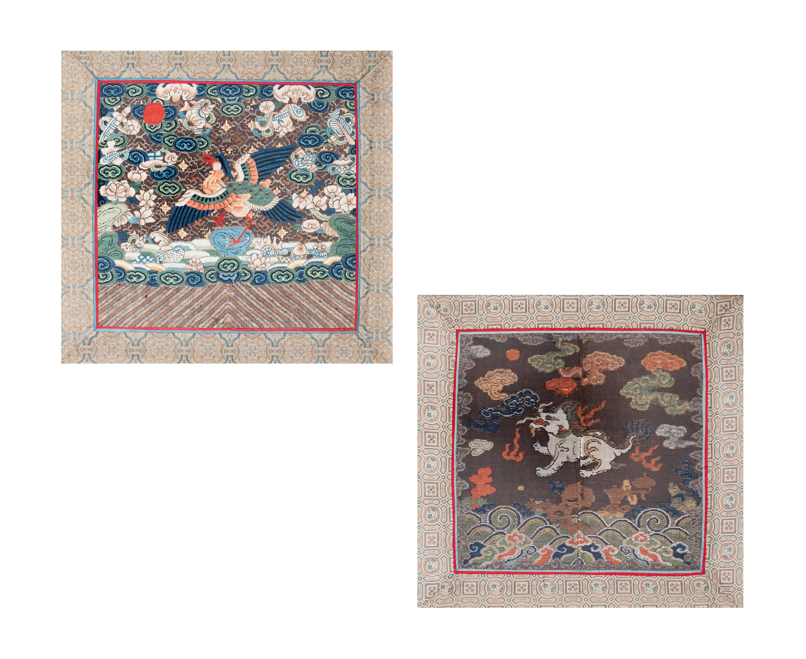 THREE CHINESE RANK BADGES AND AN EMBROIDERED COURT COLLAR CORNER
