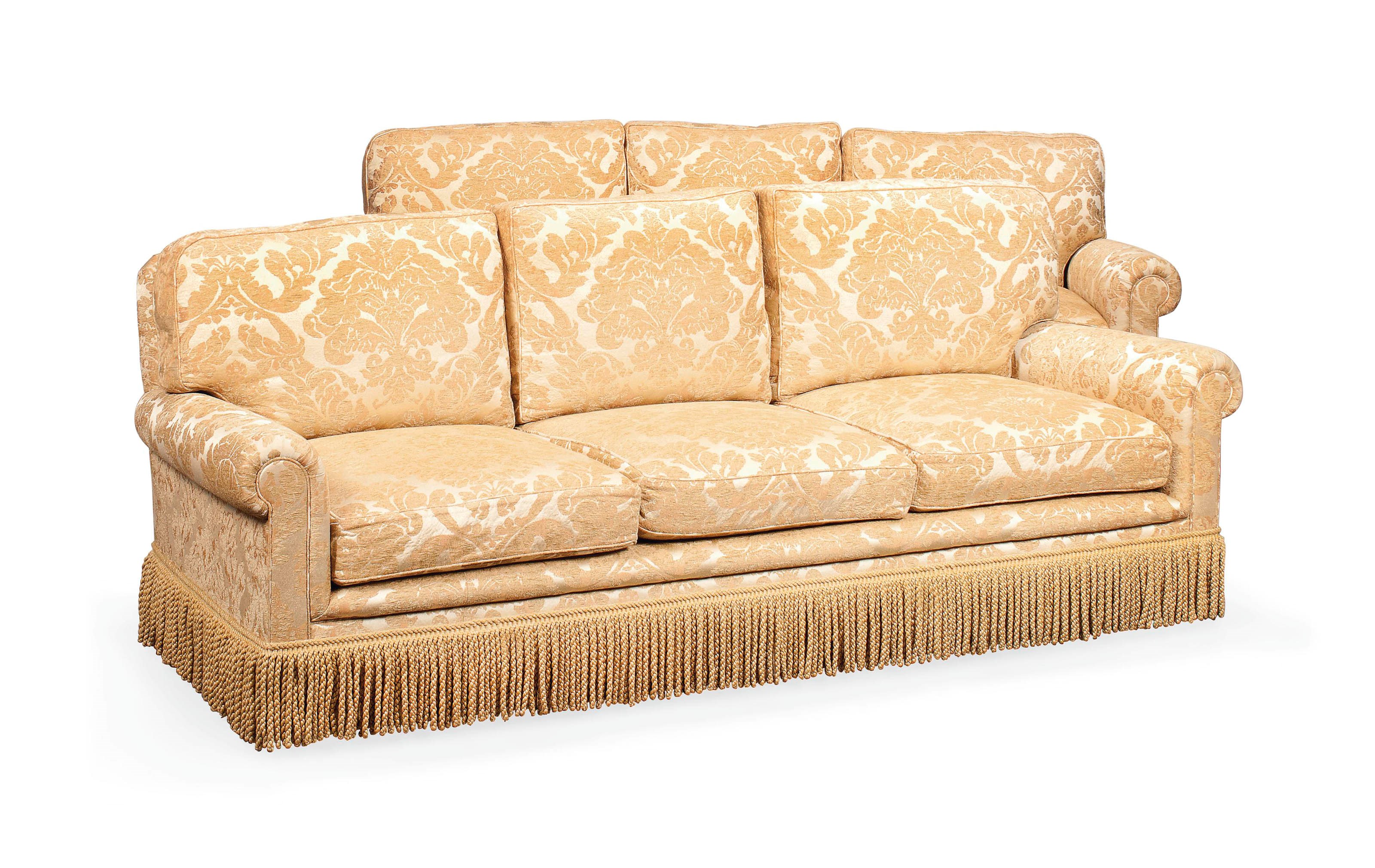A PAIR OF CREAM AND BUFF DAMASK SOFAS