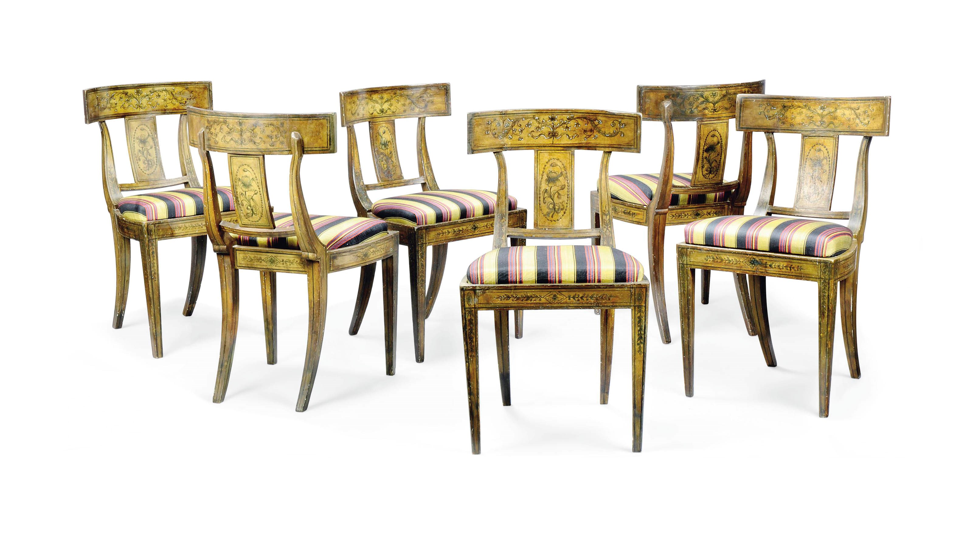 A SET OF SIX NORTH ITALIAN POLYCHROME-PAINTED DINING CHAIRS