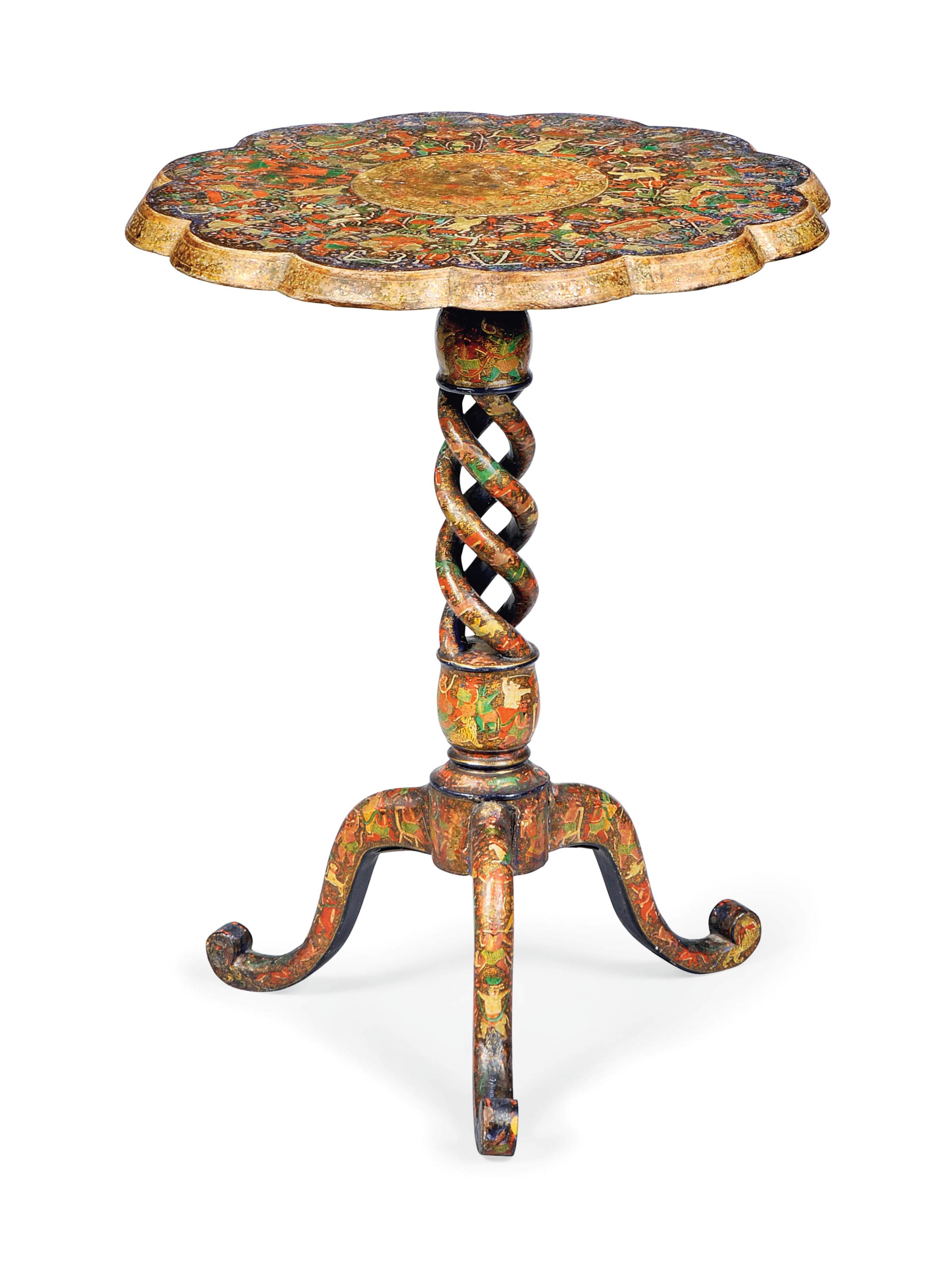 A KASHMIRI POLYCHROME LACQUERED OCCASIONAL TABLE