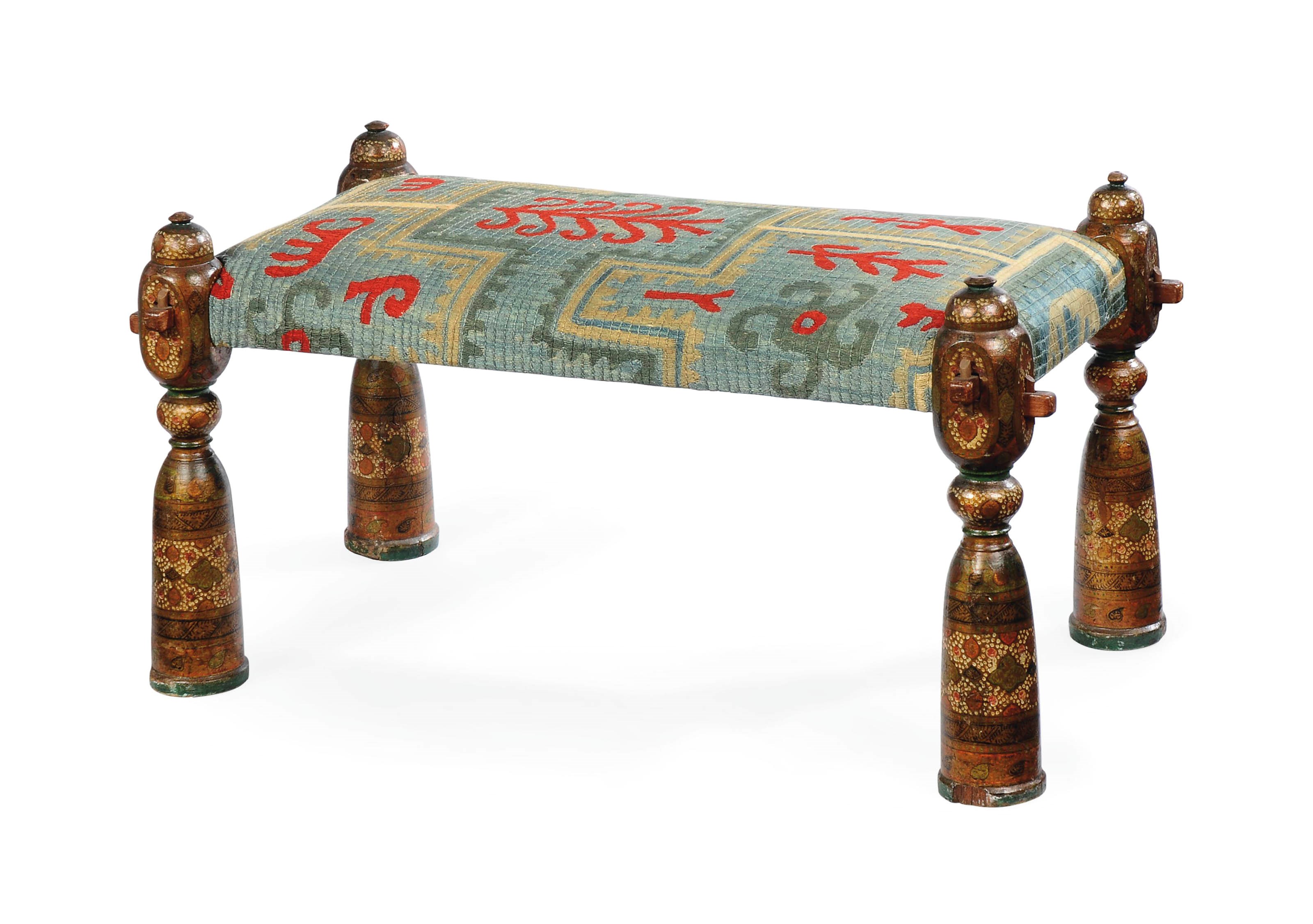 A KASHMIRI POLYCHROME LACQUER STOOL