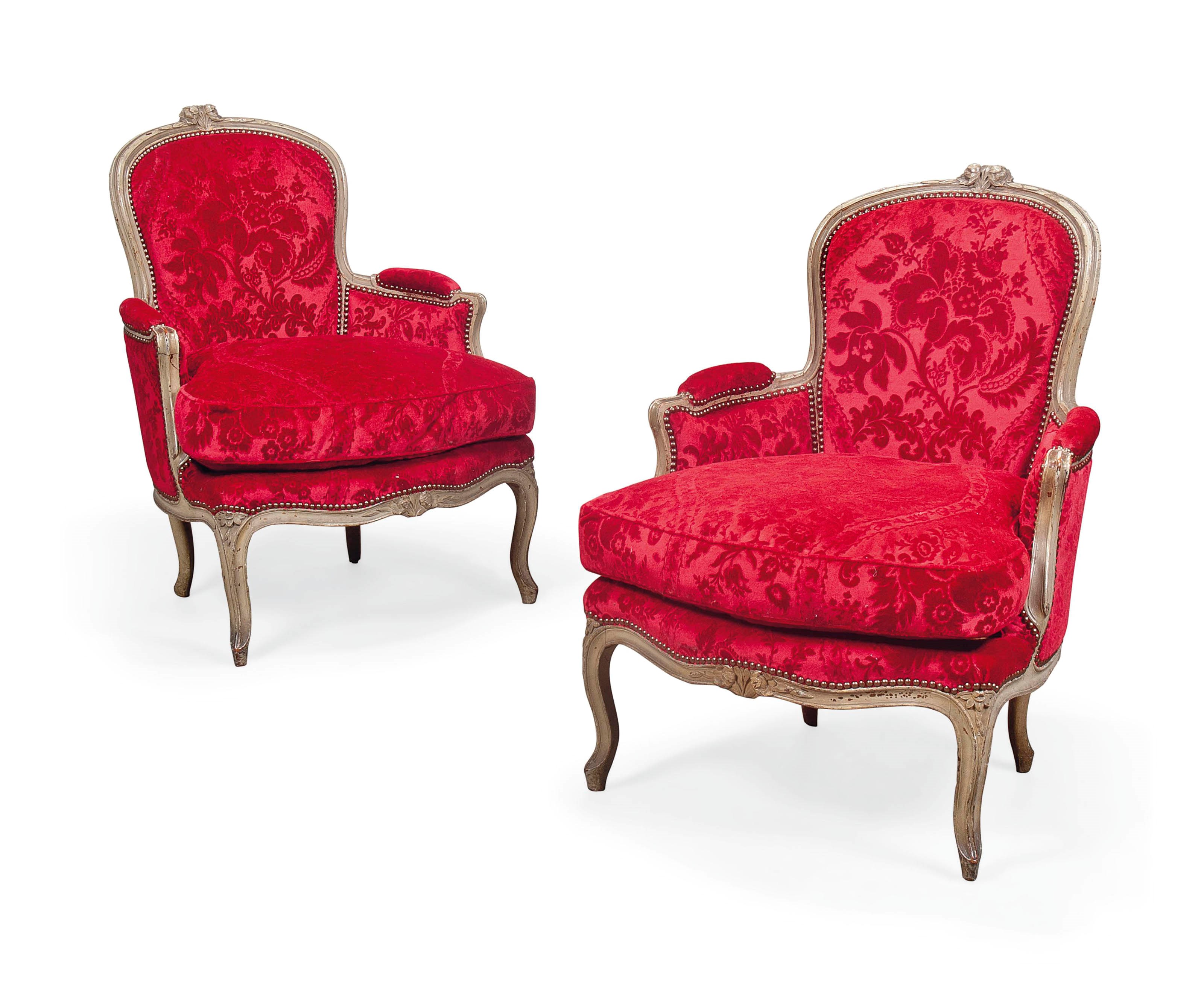 A PAIR OF LOUIS XV GREY PAINTED BERGERES