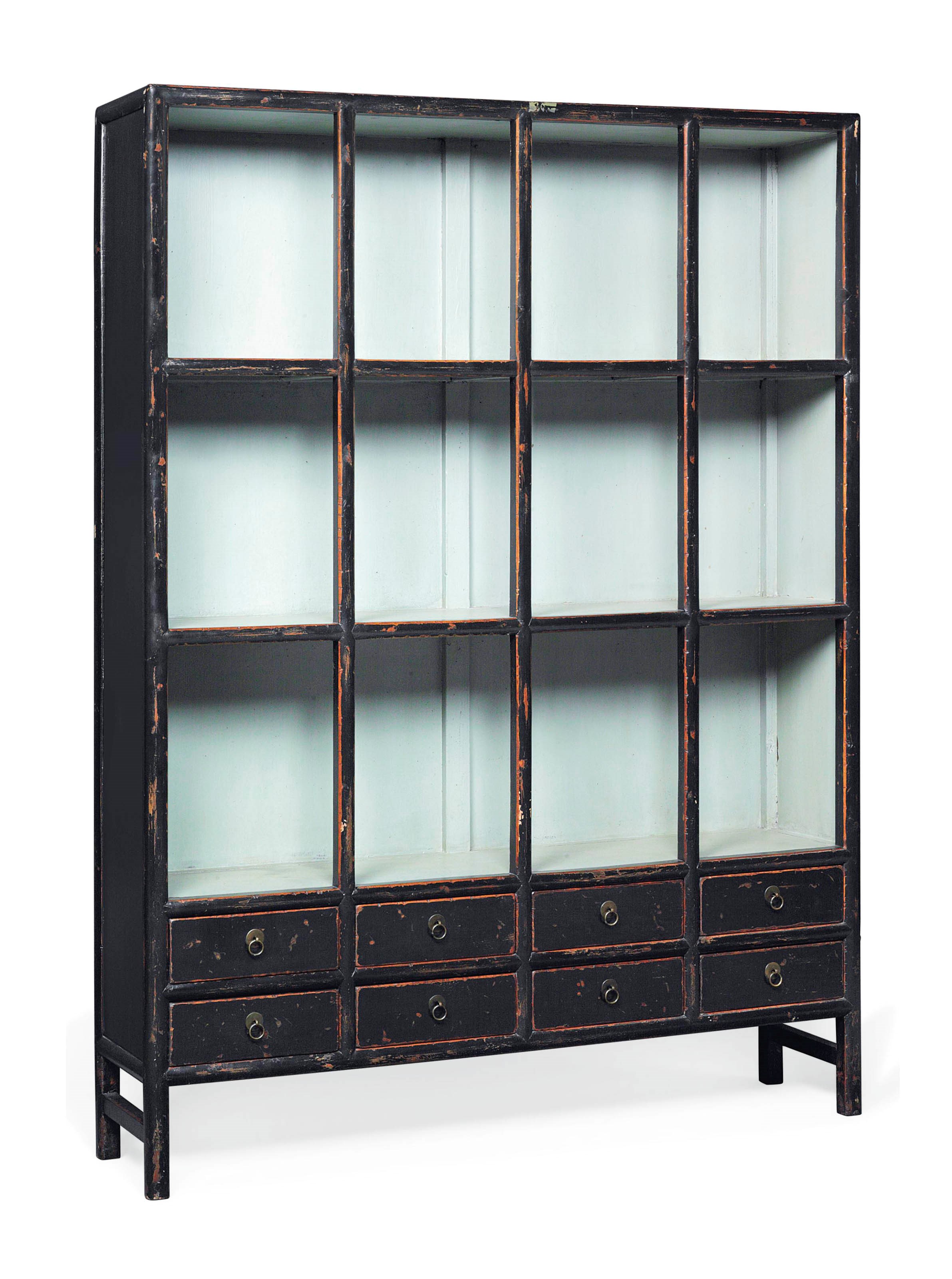 A CHINESE BLACK PAINTED OPEN BOOKCASE