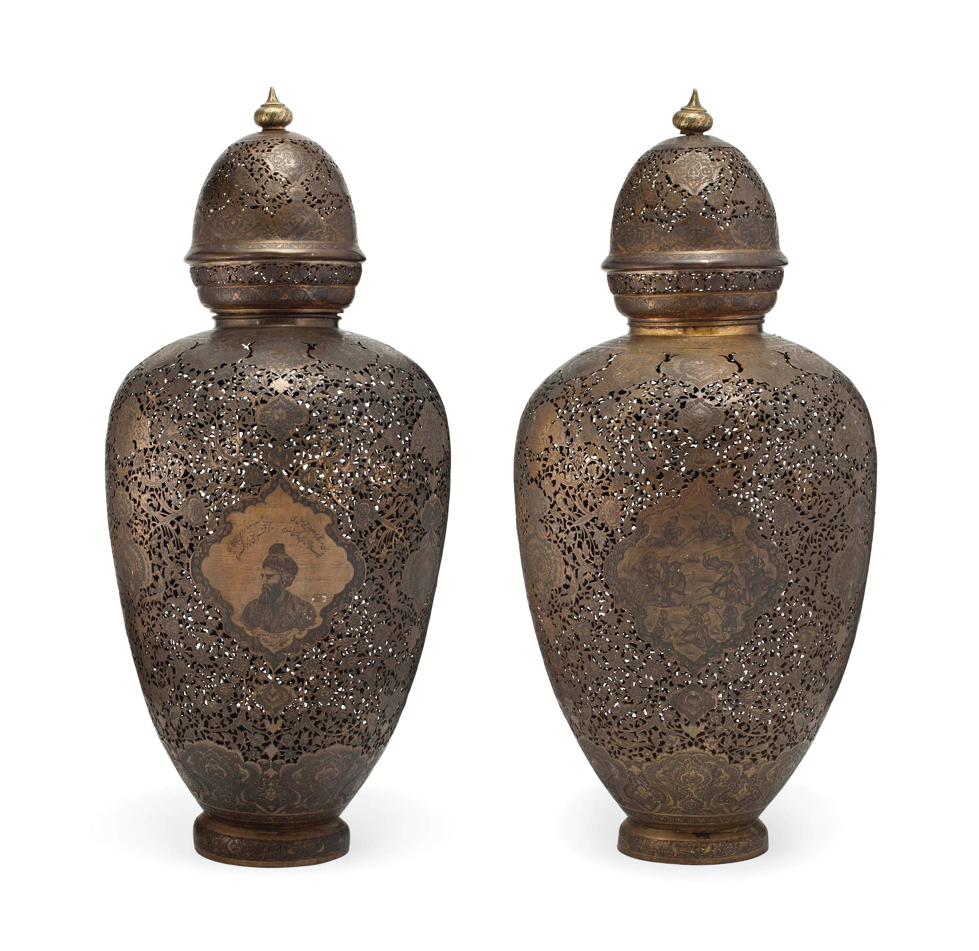 AN IMPRESSIVE PAIR OF OPENWORK VASES