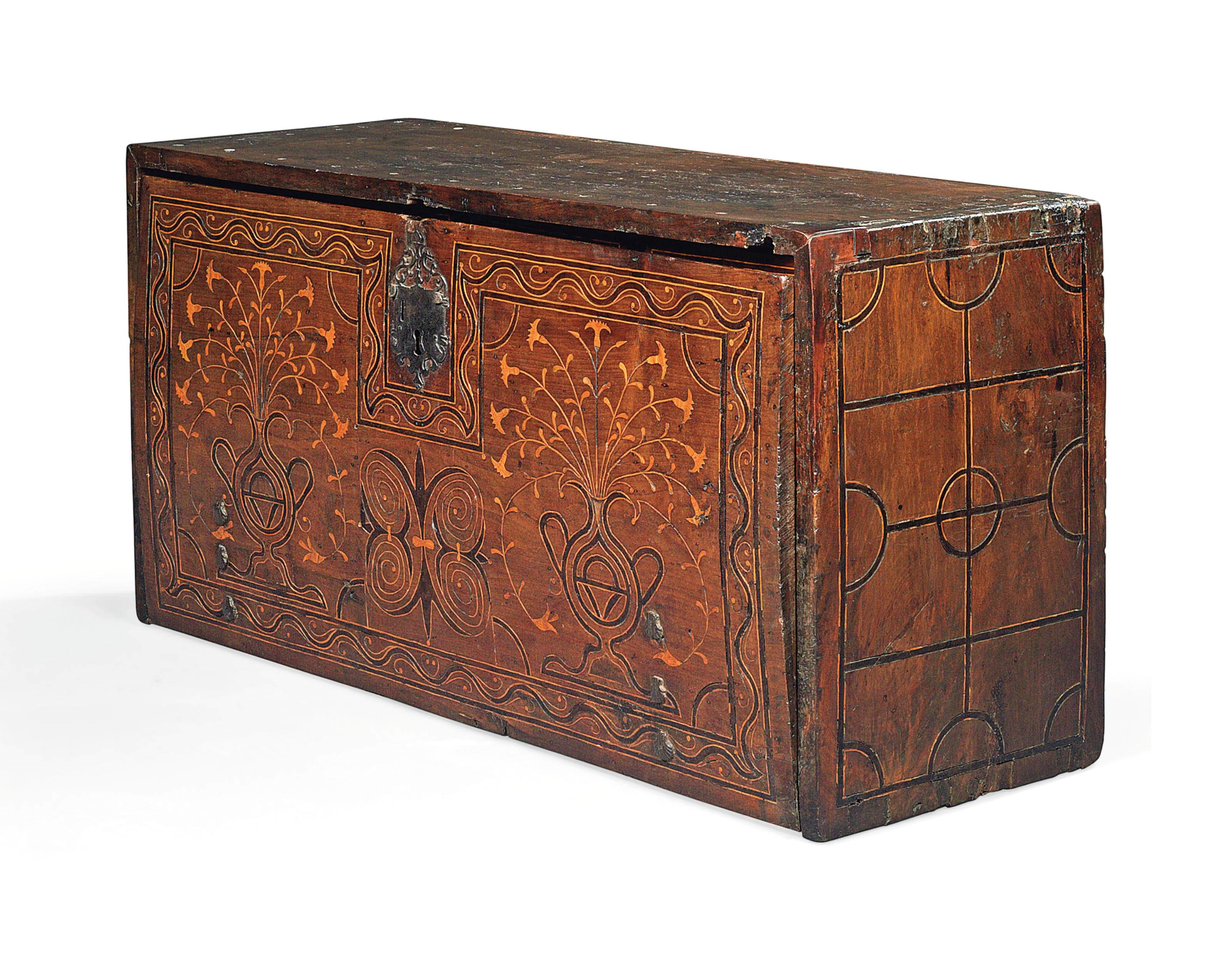 A SPANISH INLAID WALNUT FALL FRONT CHEST