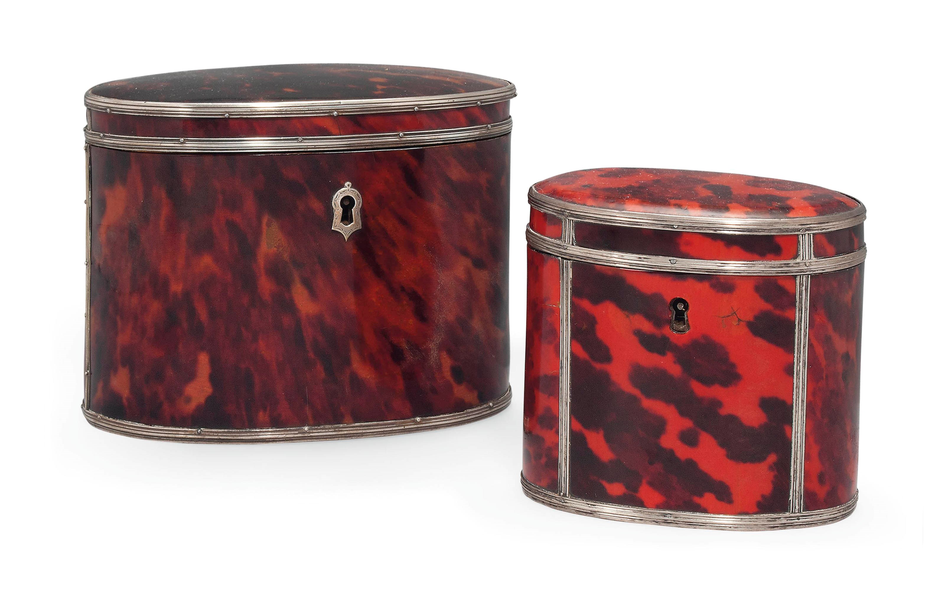 TWO SIMILAR GEORGE II OVAL TORTOISESHELL TEA CADDIES