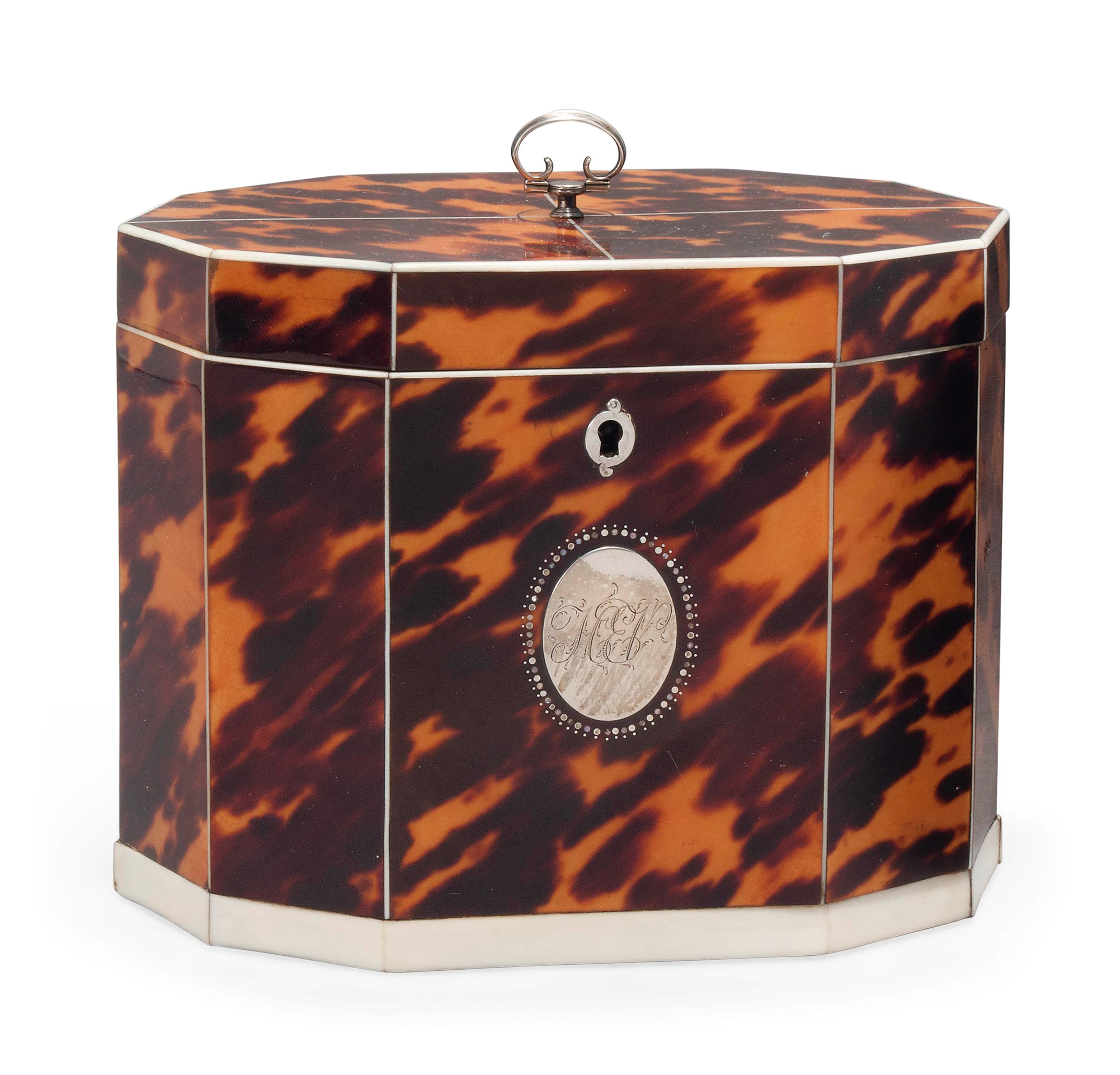 A GEORGE III TORTOISESHELL TEA CADDY