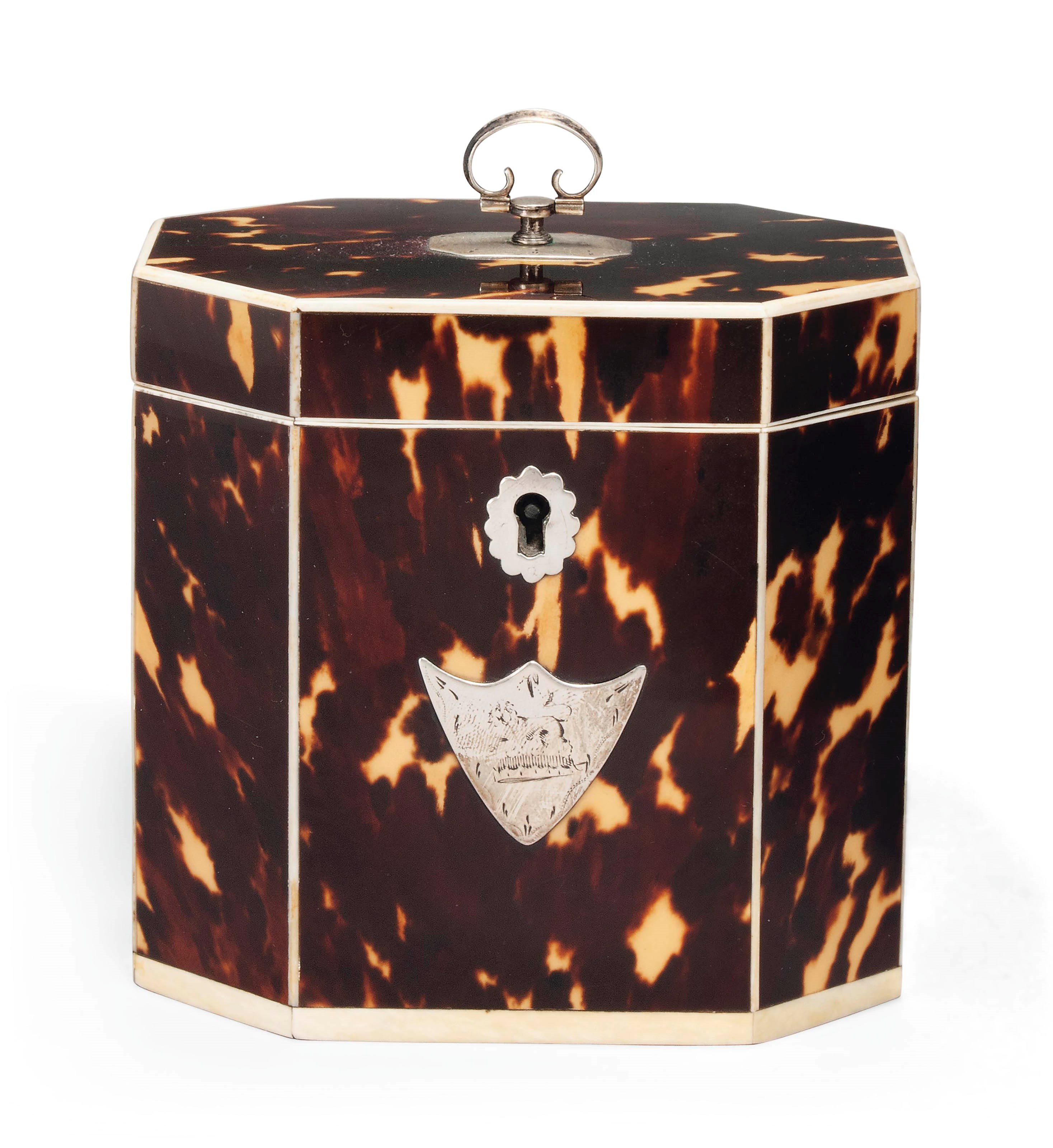 A GEORGE III TORTOISESHELL TEA CADDY