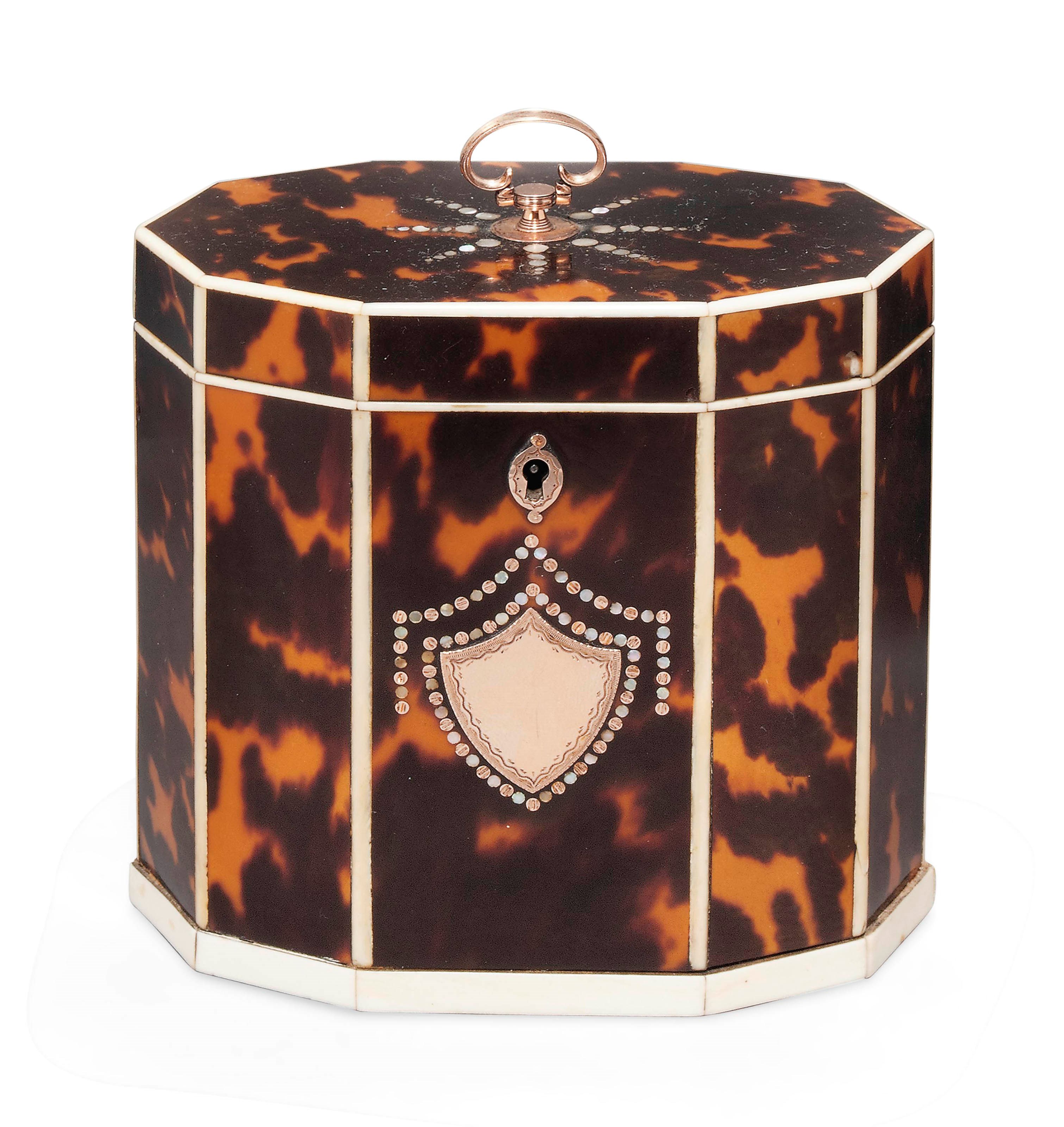 A GEORGE III TORTOISESHELL DECAGONAL TEA CADDY