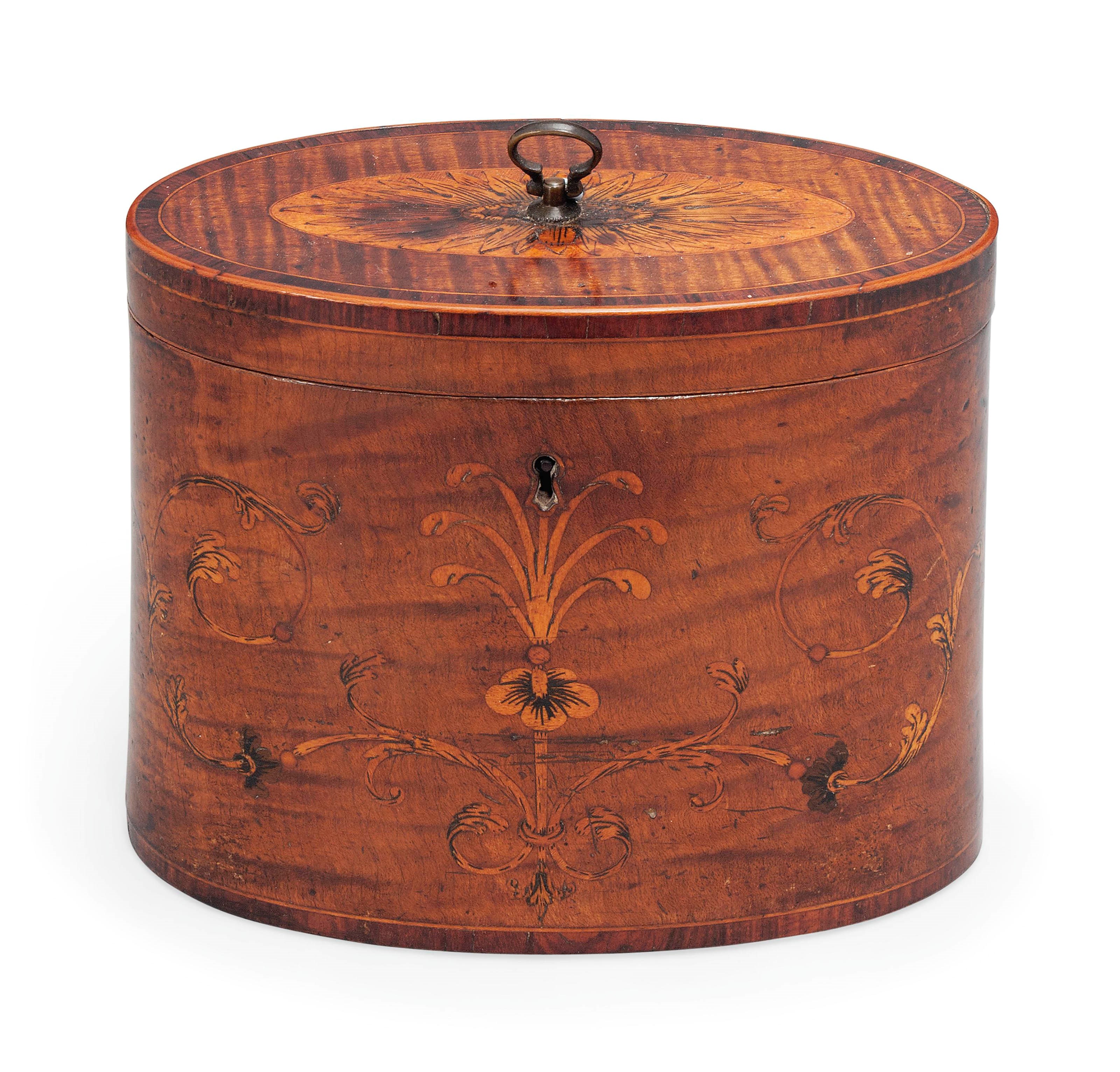 A GEORGE III HAREWOOD AND MARQUETRY TEA CADDY