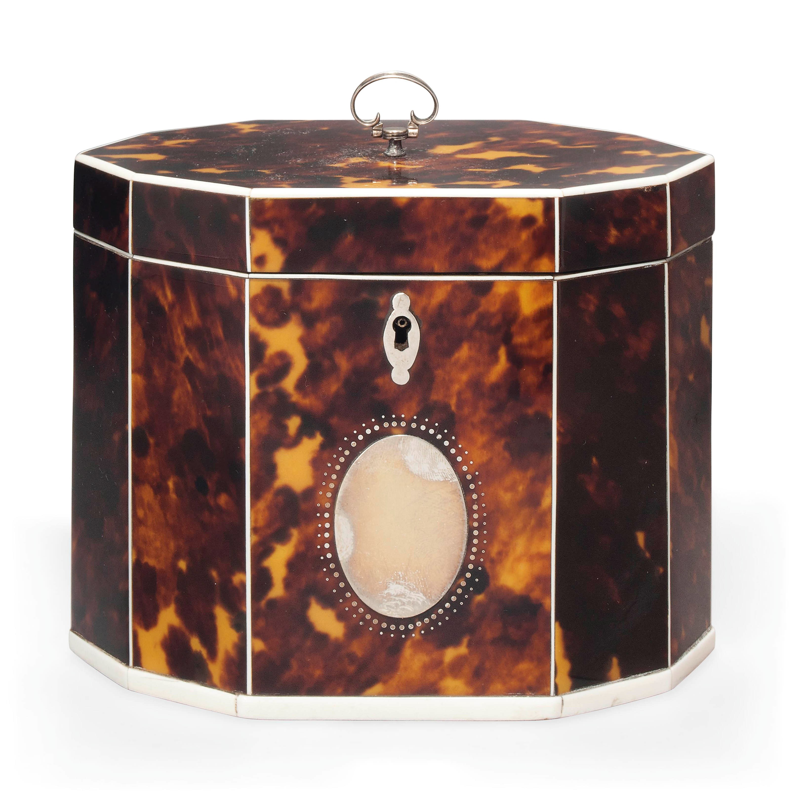A GEORGE III TORTOISESHELL DECAGONAL TEA CADDY