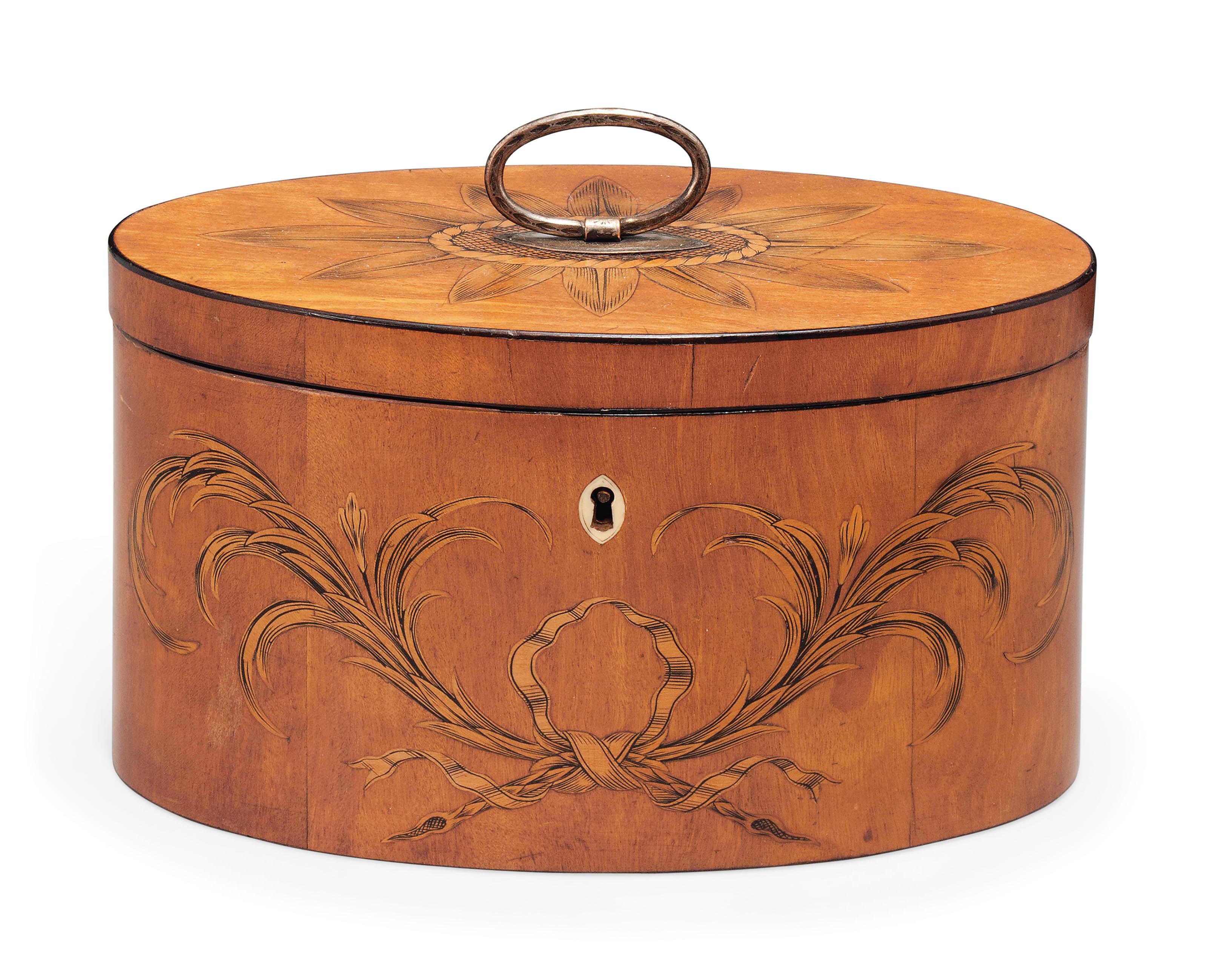 A GEORGE III WOOD MARQUETRY AND PEN-WORK TEA CADDY