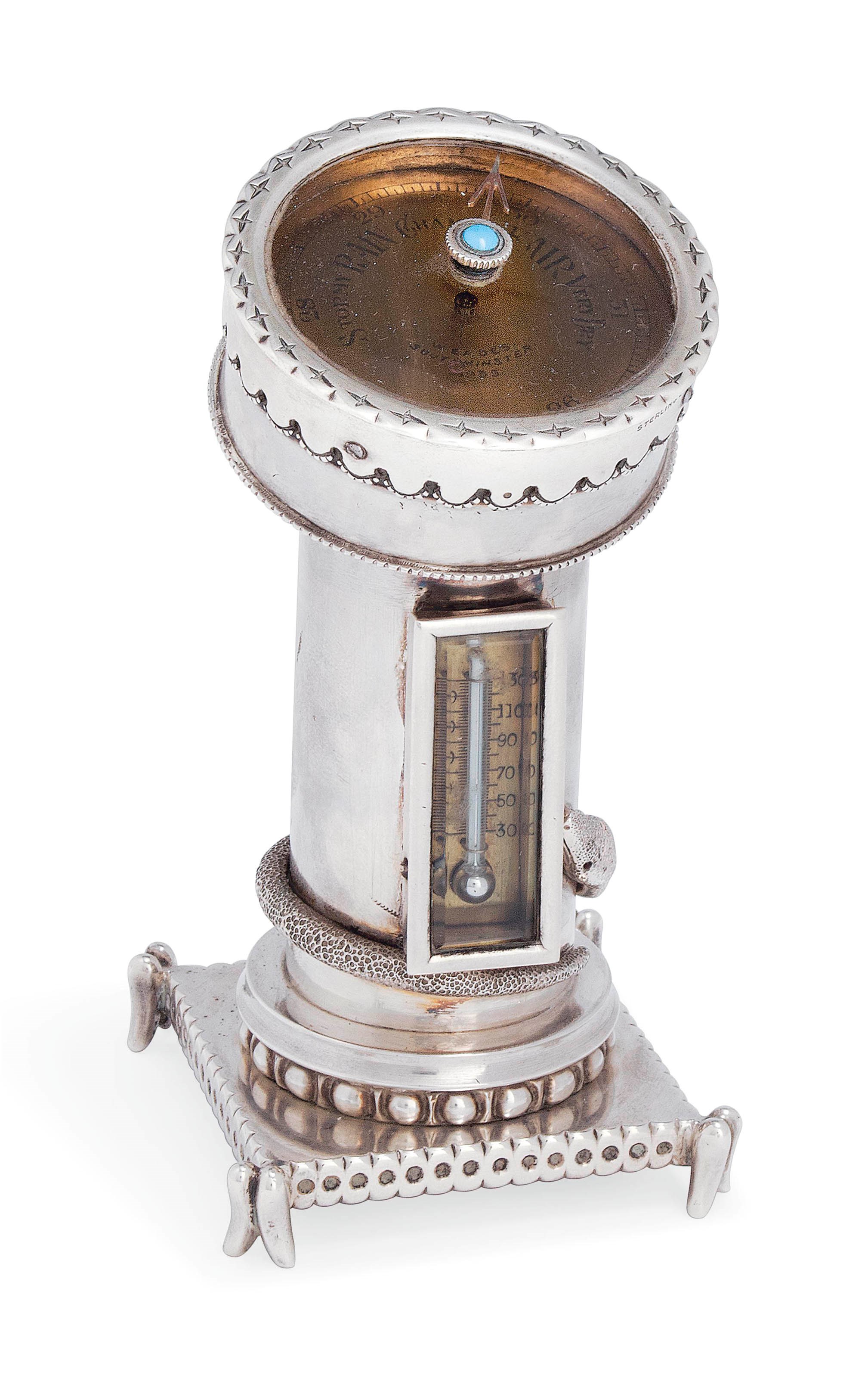 AN AMERICAN SILVER COMBINATION MERCURY THERMOMETER AND ANEROID BAROMETER