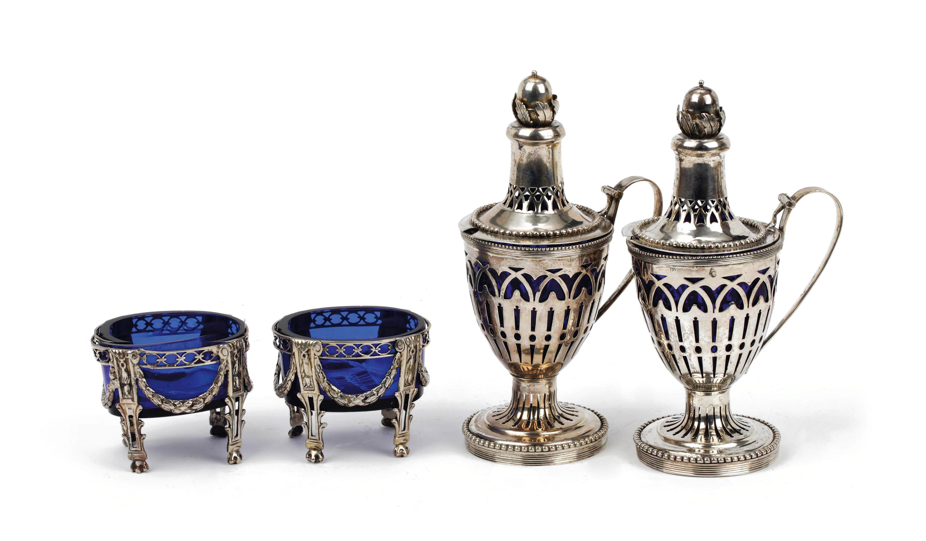 Two Dutch silver mustard-pots and two salt-cellars