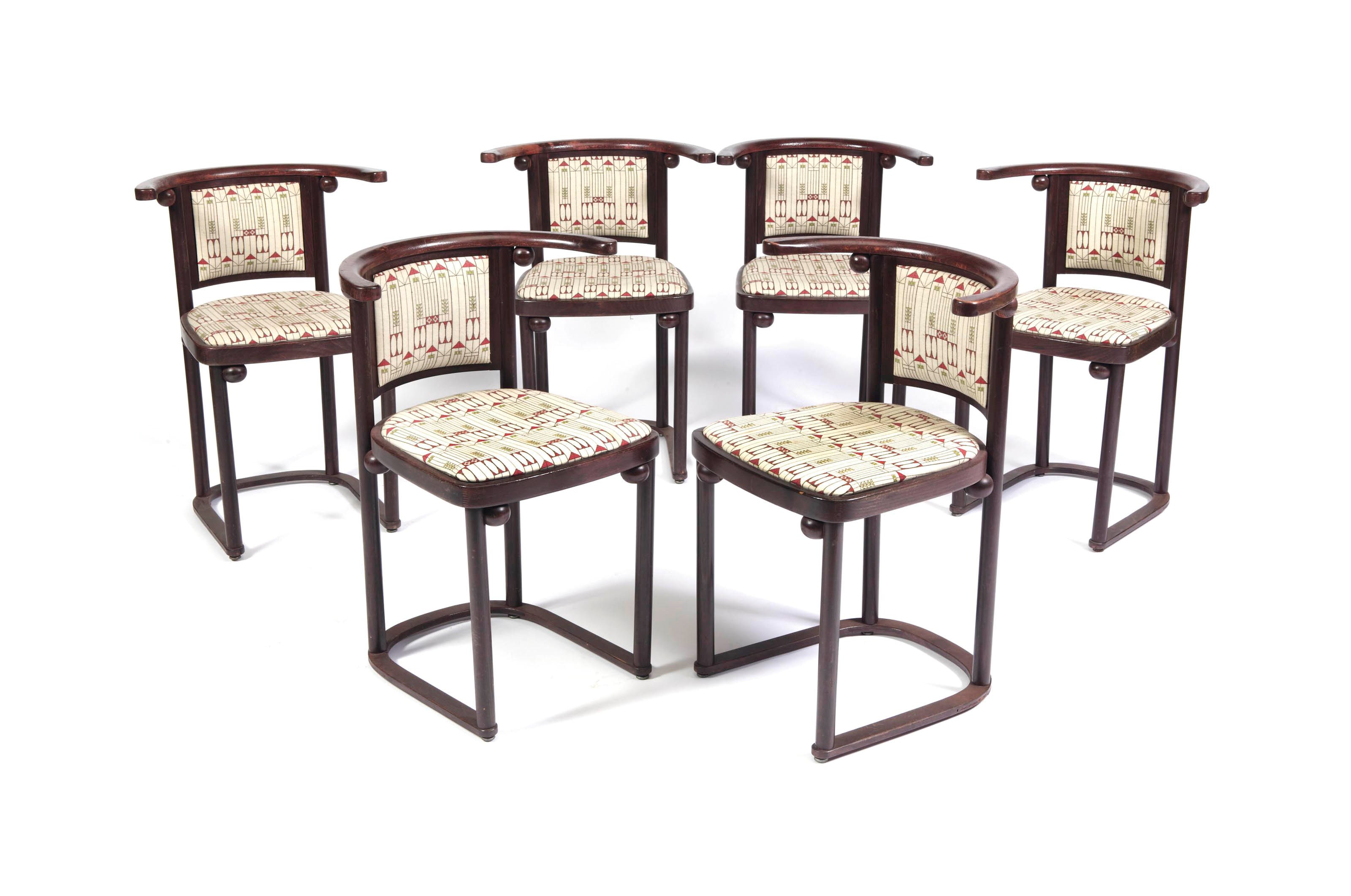 A set of six Austrian stained bentwood 'cabaret fledermaus' armchairs
