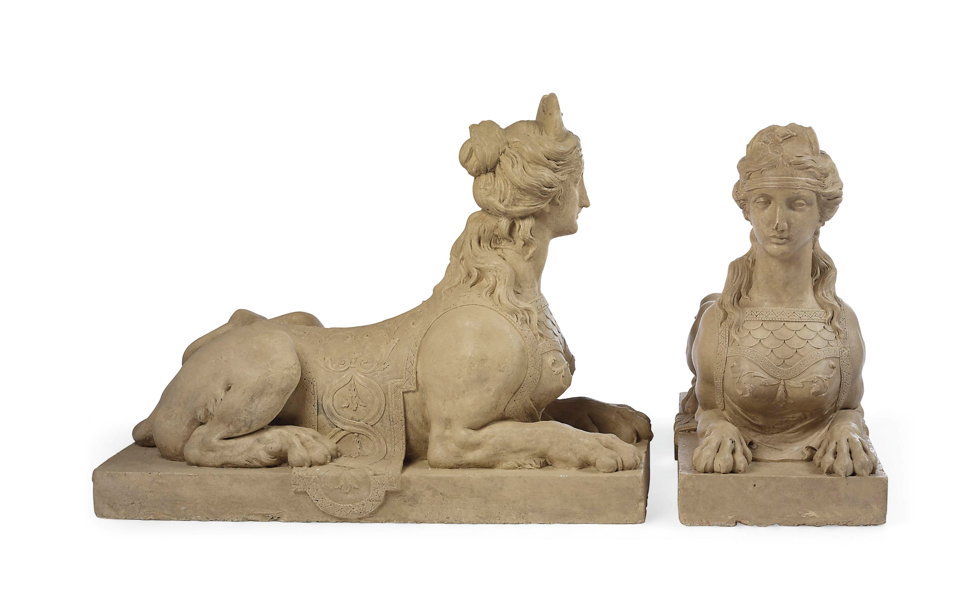 A PAIR OF PLASTER MODELS OF SPHINXES