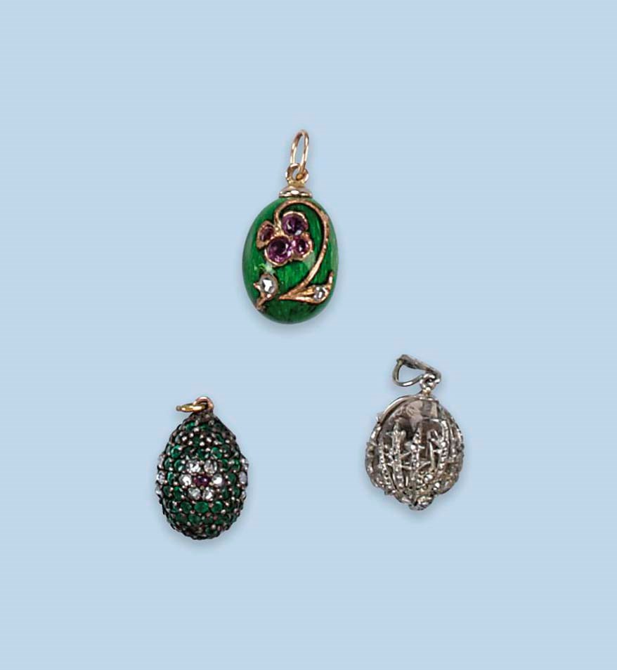 THREE RUSSIAN EGG PENDANTS