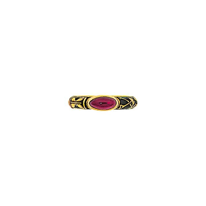 A George I gold, black enamel and garnet 'memento mori' ring