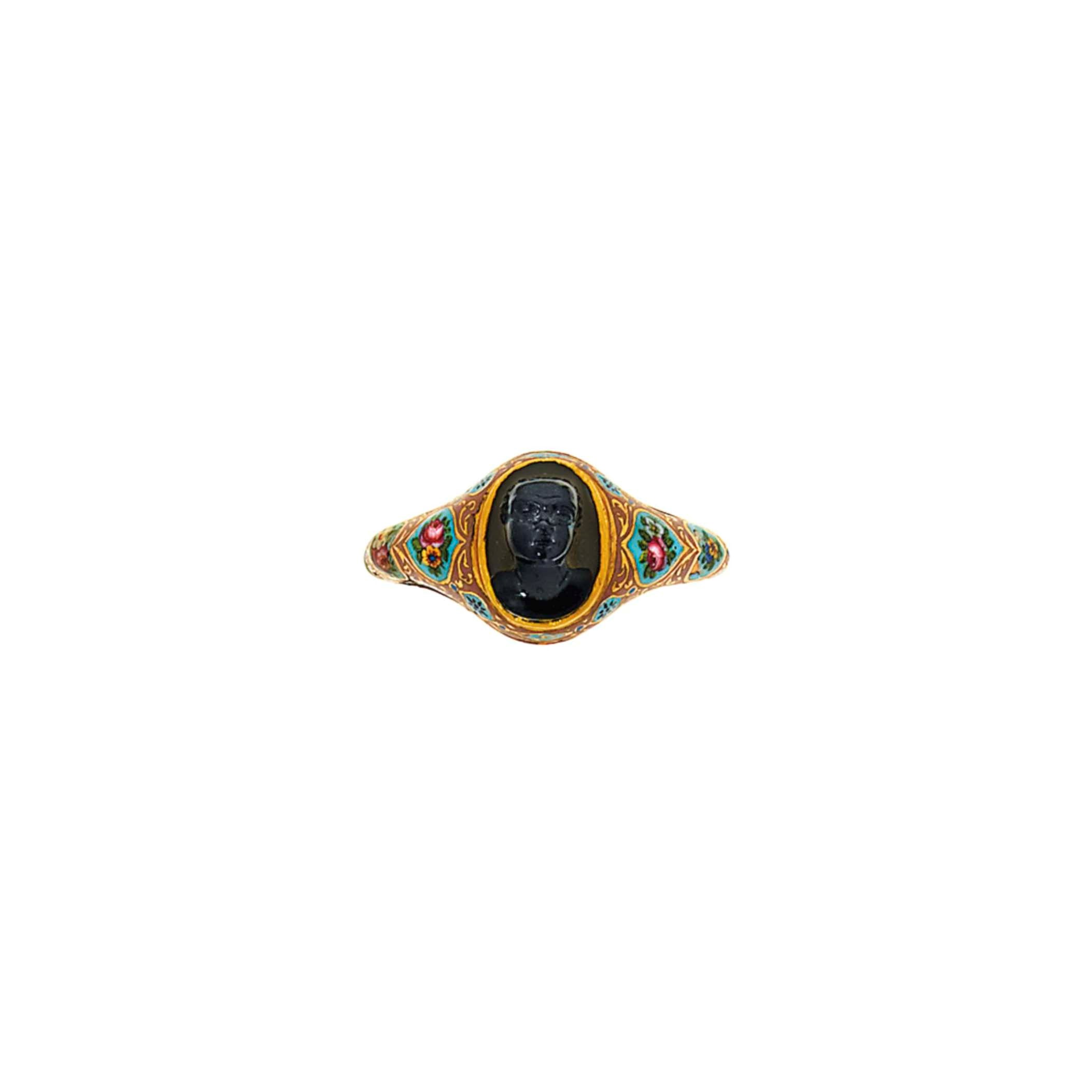A 19th century gold, enamel and agate cameo ring