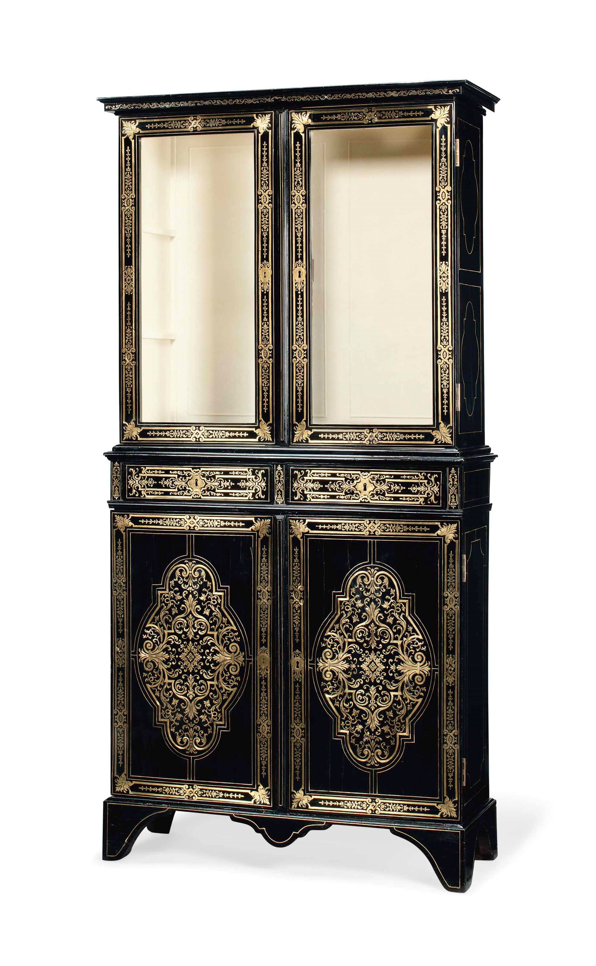 A NAPOLEON III BRASS-INLAID EBONY AND EBONISED DISPLAY CABINET