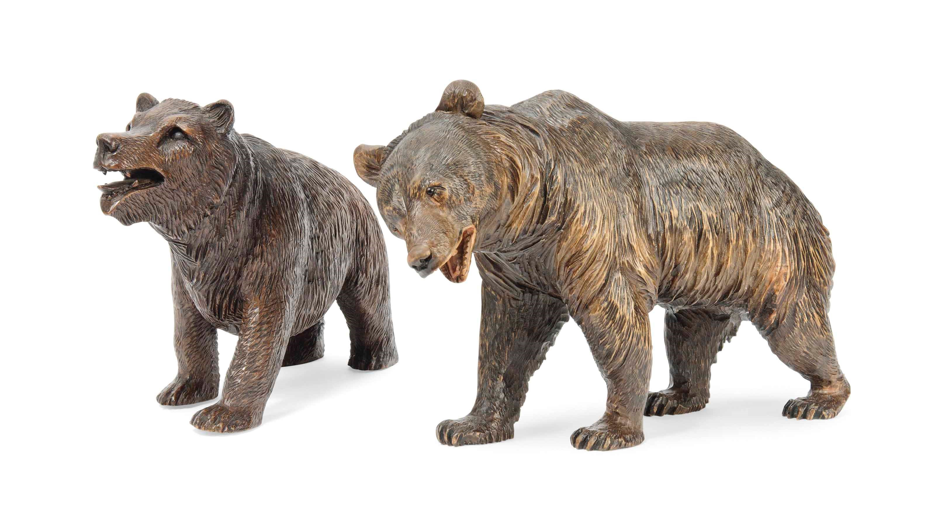 TWO SWISS 'BLACK FOREST' CARVED WOOD MODELS OF STROLLING BEARS