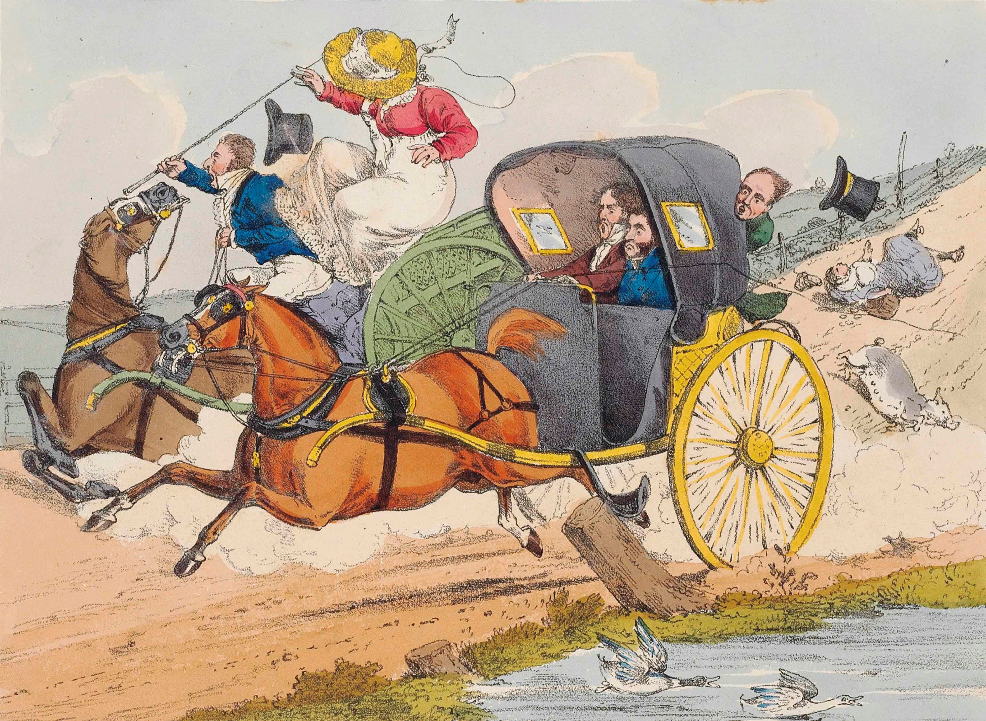 ALKEN, Henry. [A Few Ideas being Hints to All Would-Be Whips]. London: Thomas McLean, 1827. A set of 6 hand-coloured etched plates (209 x 253mm), window-mounted in 4° album (355 x 410mm), with modern letterpress title added. (A few isolated spots.) Green half morocco by Aquarius, gilt-lettered spine and cover label.