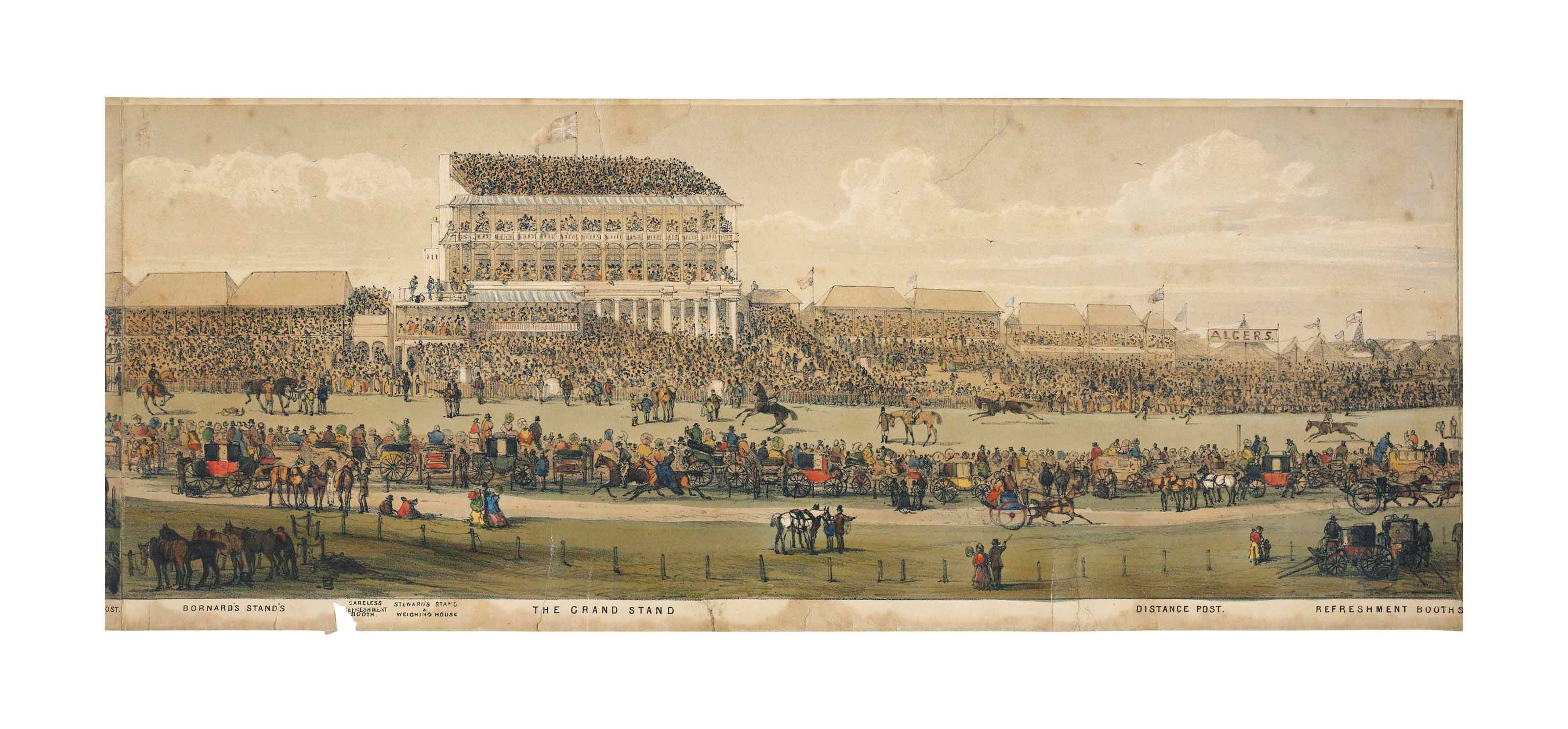 ALKEN, [Samuel] Henry [Gordon] (1810-1894). [Epsom Race Course.] London: Ackermann, 1854. Hand-coloured lithographic panorama of racing at Epsom Downs on four joined sheets, signed 'H. Alken lith.' (210 x 2210mm. overall). (Some closed tears and two unrepaired tears into image, the longer tear 70mm., some spotting, worn at bottom margin, vertical creases to all sheets where joined). On boxwood spindle, in cylindrical calf case by Sangorski and Sutcliffe titled and dated 1834 in gilt.