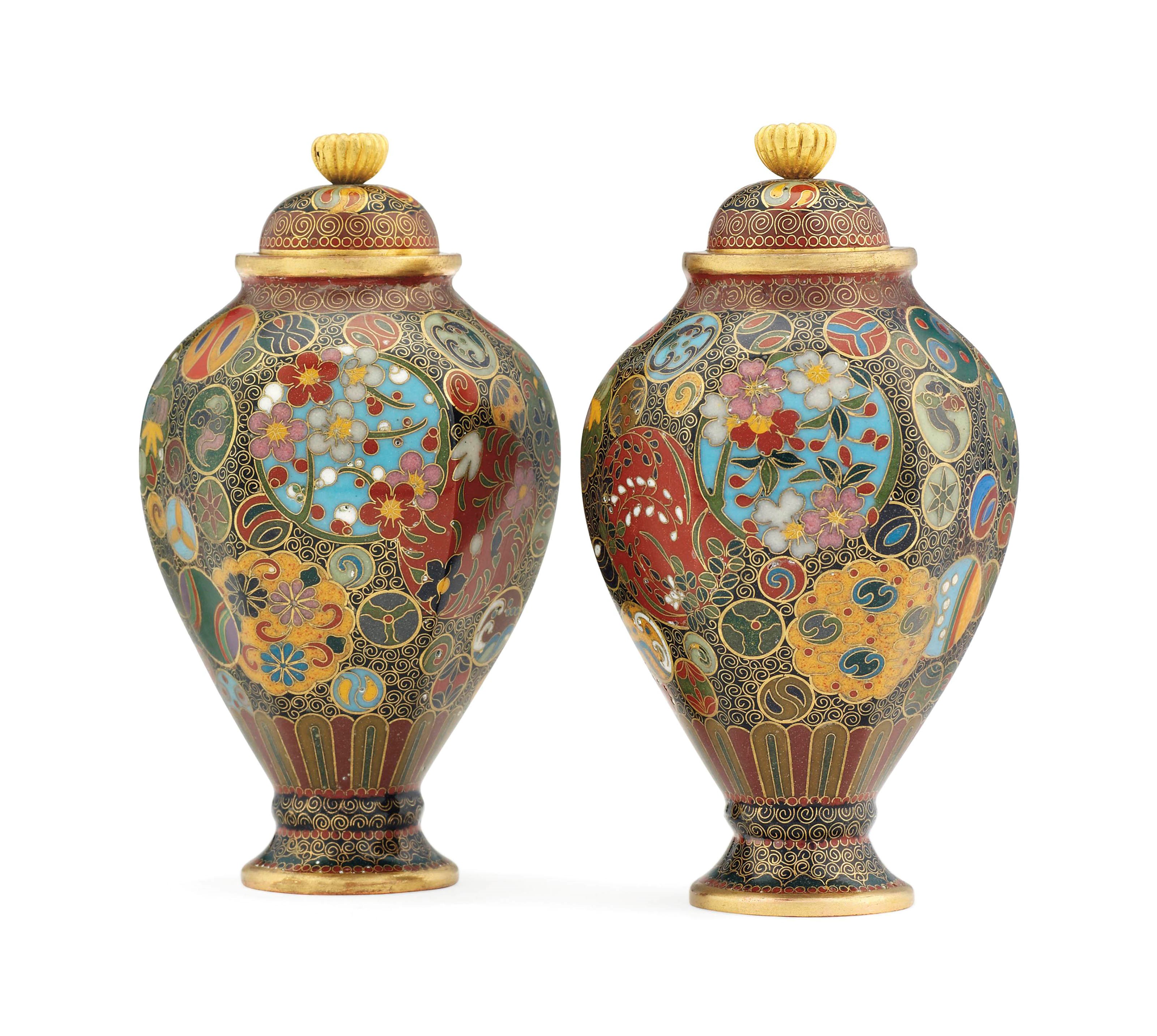 A Small Pair of Cloisonné Vases and Covers
