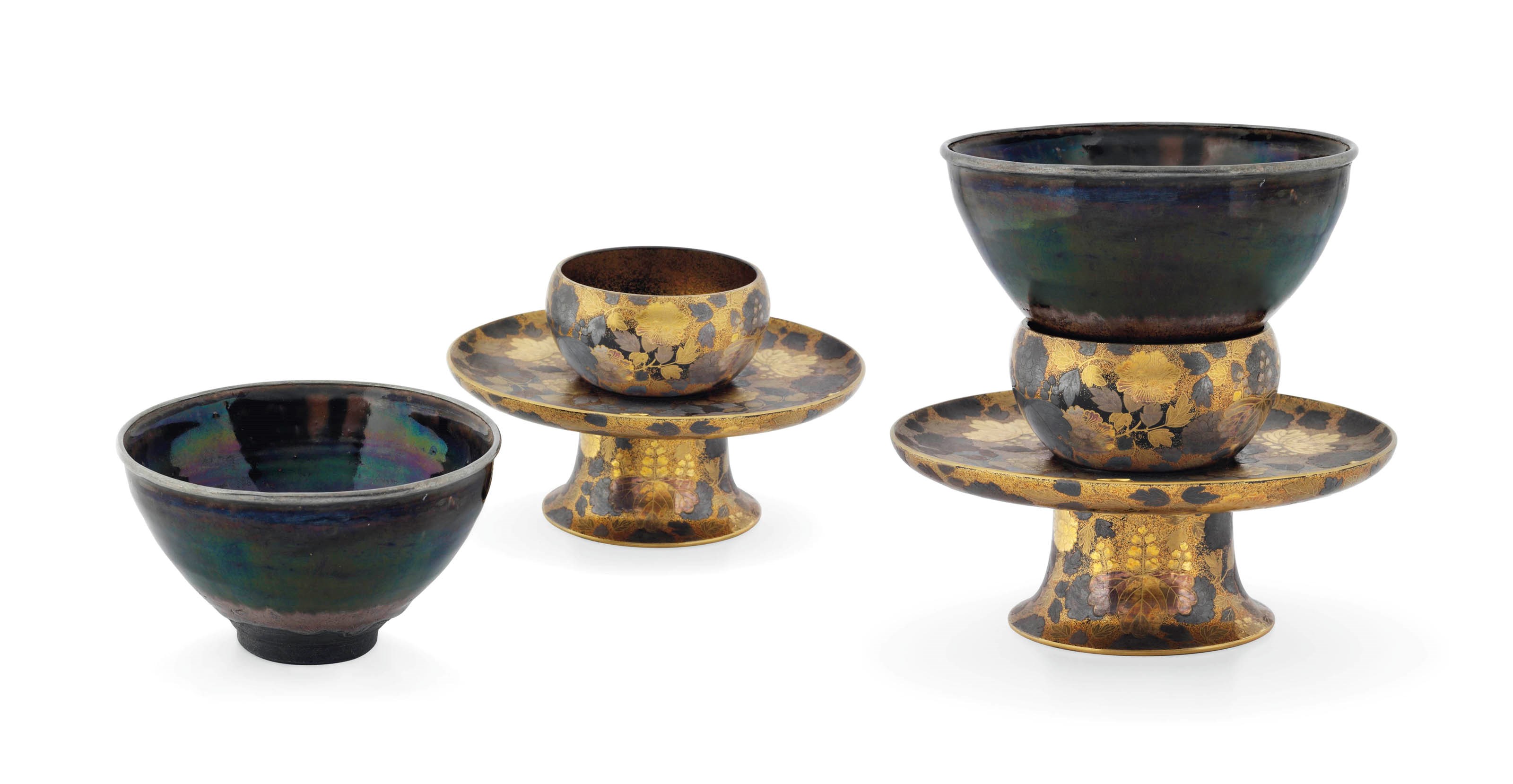 A Stoneware Tea Bowl and a Lacquer Temmokudai [Tea Bowl Stand]