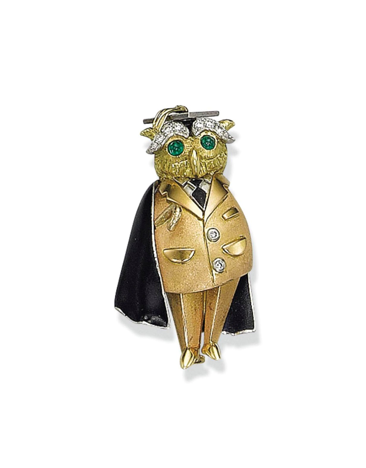 A NOVELTY ENAMEL, EMERALD AND DIAMOND BROOCH, BY E. WOLFE & CO.
