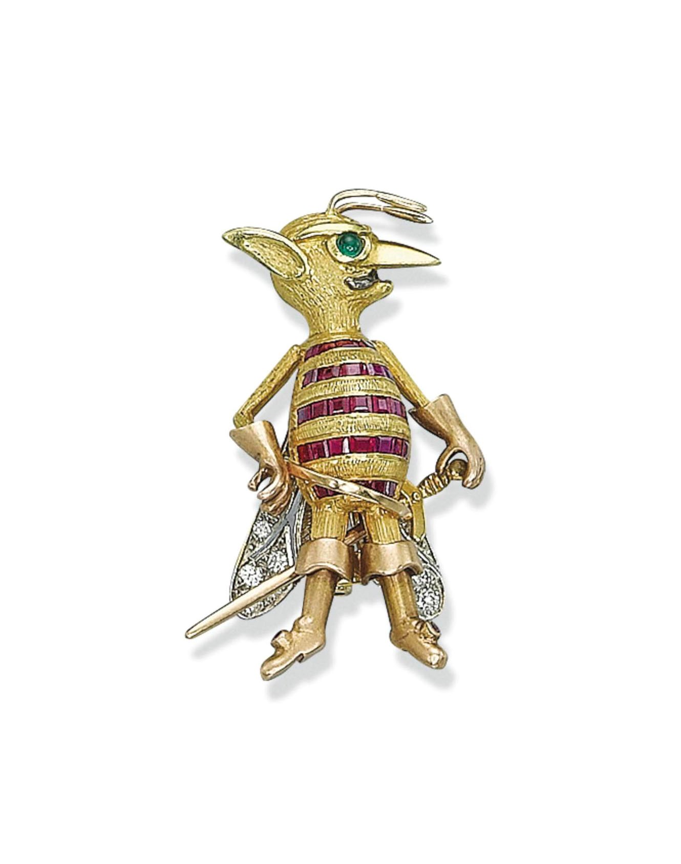A NOVELTY RUBY, EMERALD AND DIAMOND BROOCH, BY E. WOLFE & CO.