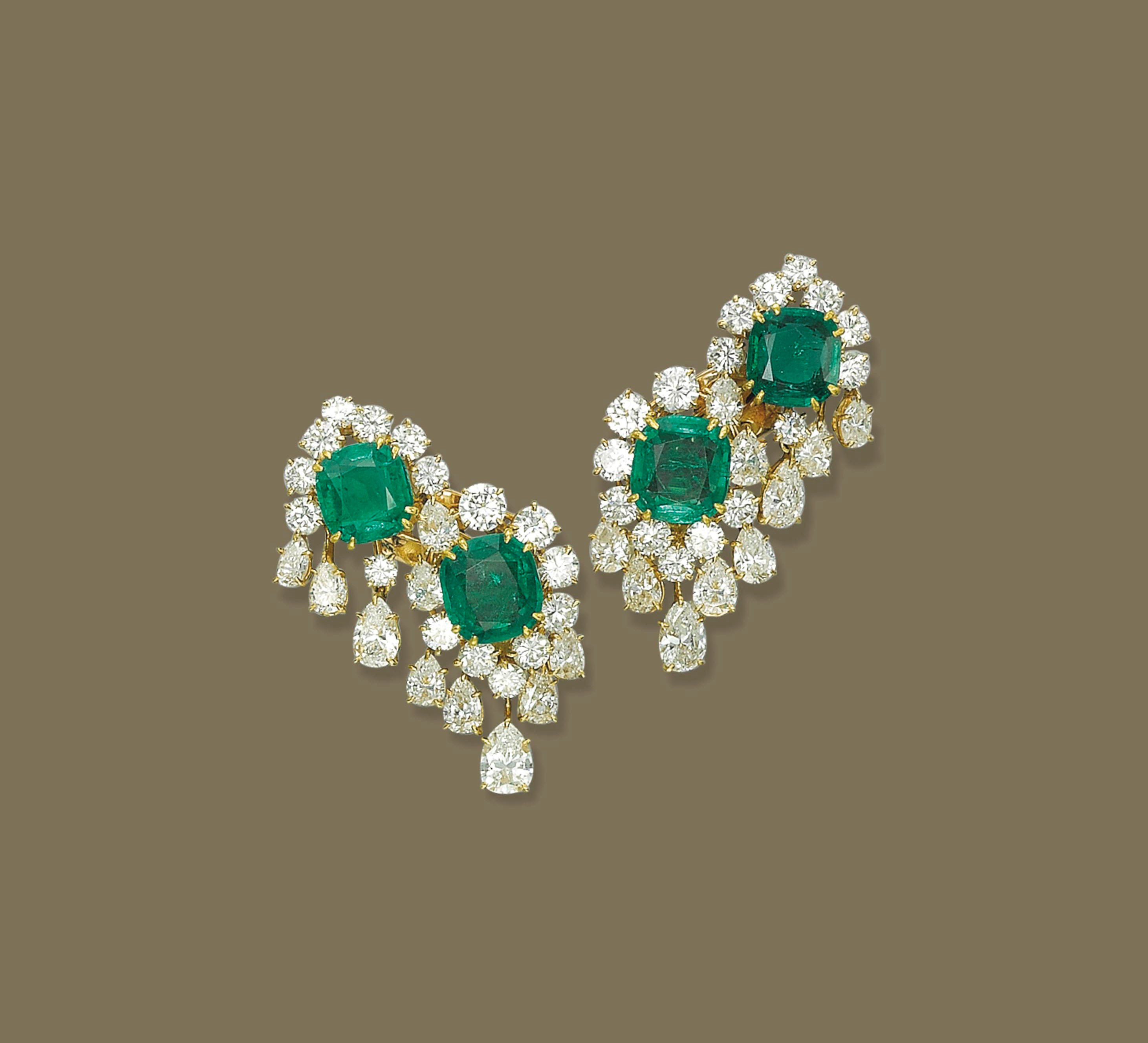 A PAIR OF EMERALD AND DIAMOND EAR PENDANTS, BY VAN CLEEF & ARPELS