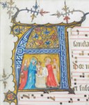 THE PRESENTATION IN THE TEMPLE, historiated initial 'A' on a leaf from the Sanctoral, ILLUMINATED MANUSCRIPT ANTIPHONAL ON VELLUM