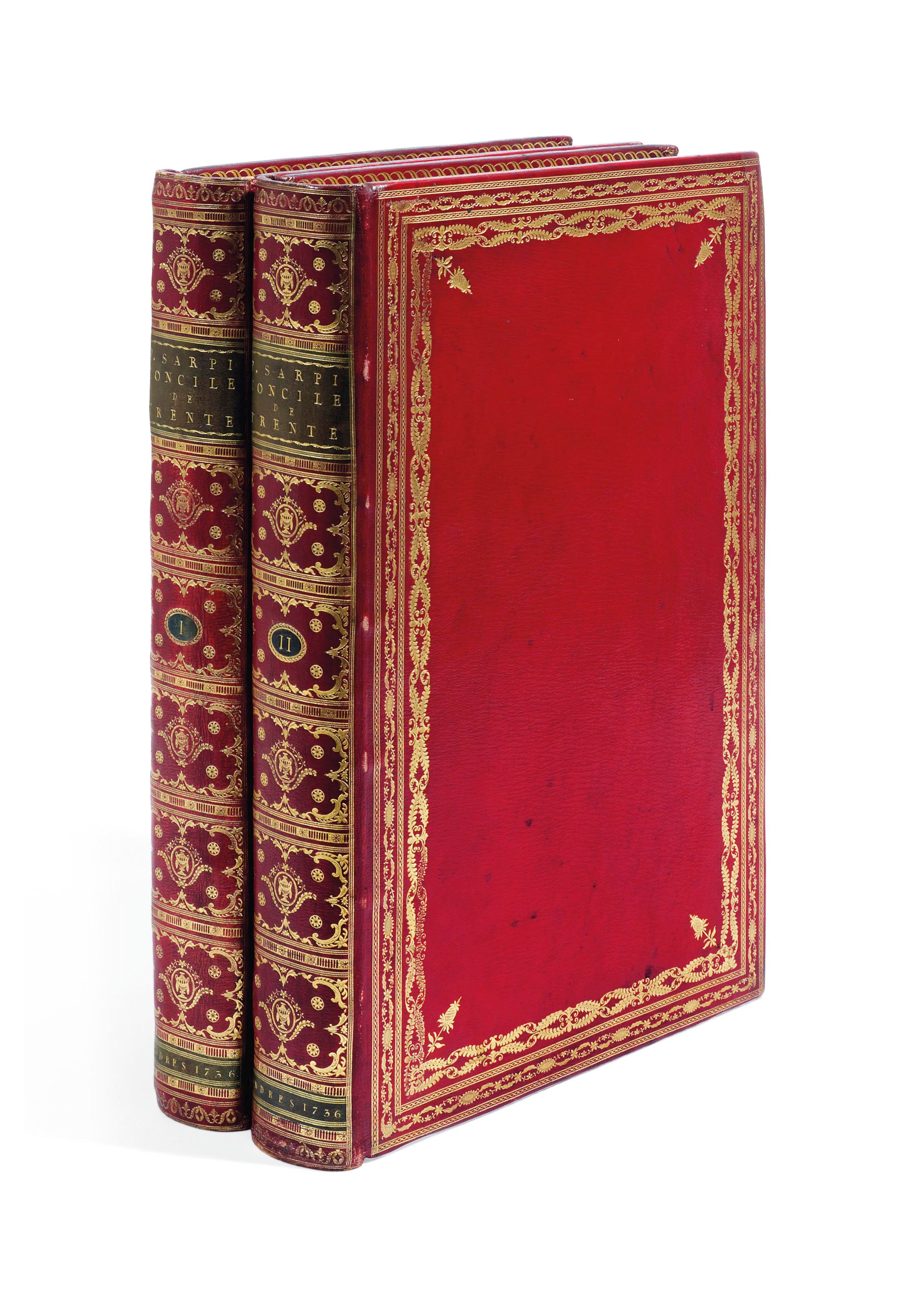 BINDING -- SARPI, Paolo (1552-1623). Histoire du Concile de Trente. London: Samuel Idle, 1736. 2 volumes, 2° (410 x 257mm). Portrait frontispieces and headpiece engraved by Vertue. (Light spotting to first frontispiece and facing leaf, occasional negligible soiling.) Red straight-grained morocco by Christian Kalthoeber with his ticket in volume I, sides with a wide foliate border with floral corner tools, flat spines gilt in compartments, some centred with an urn tool, green morocco labels lettered in gilt, black morocco numbering pieces, the edges marbled and gilt, marbled endpapers (extremities lightly rubbed, light soiling on sides). Provenance: remnants of label -- Abdy (small label printed in green).