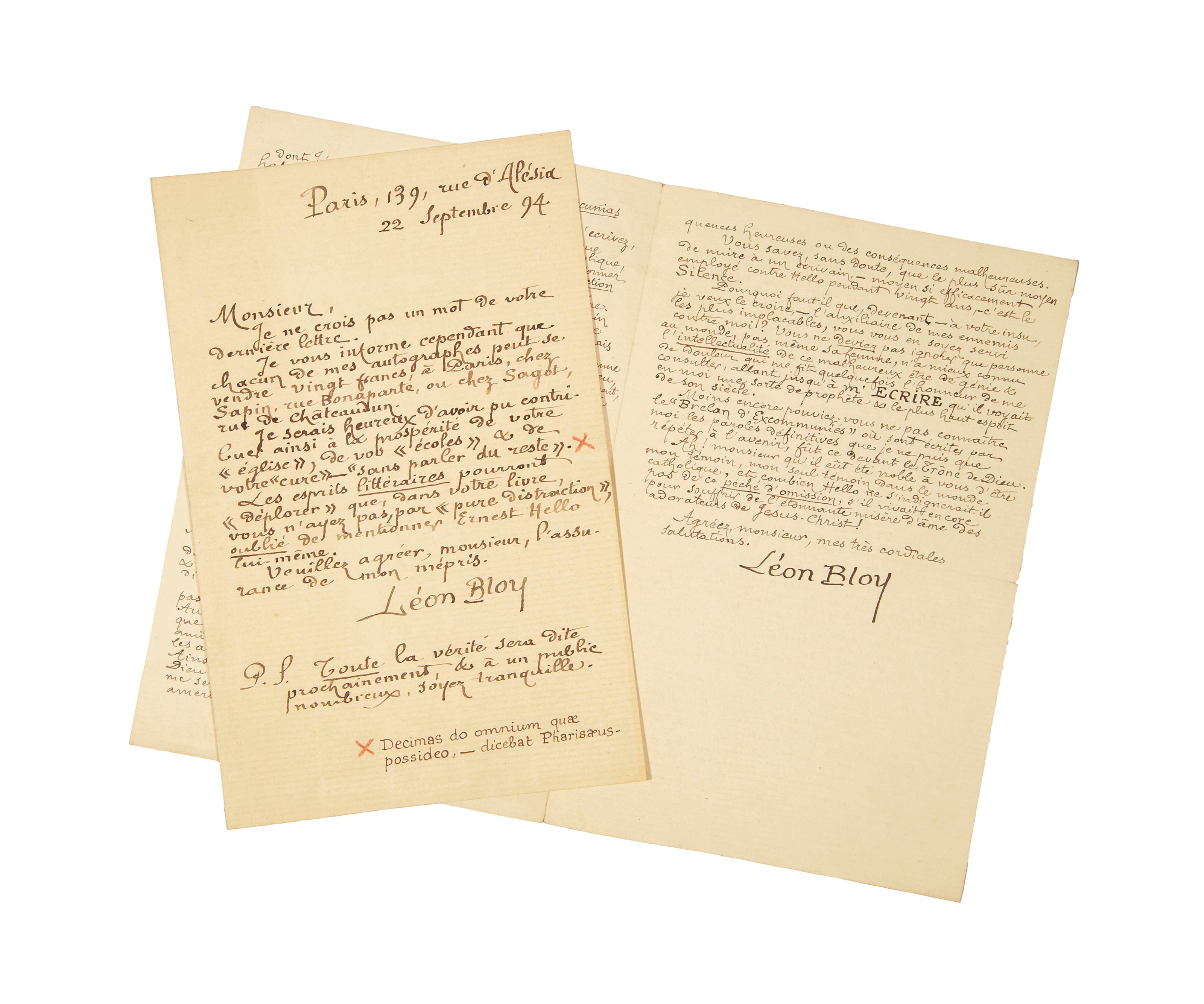 BLOY, Léon (1946-1917). Deux lettres autographes à Joseph Serre à propos d'Ernest Hello. 3 pp. in-8.  Paris, 139 rue d'Alésia, 12 septembre 94 ; et 1 p. in-8. Paris 12 septembre 94. Enveloppe jointe, à l'adresse de Joseph Serre à Lyon avec cachet postal du 2 mai 1894.
