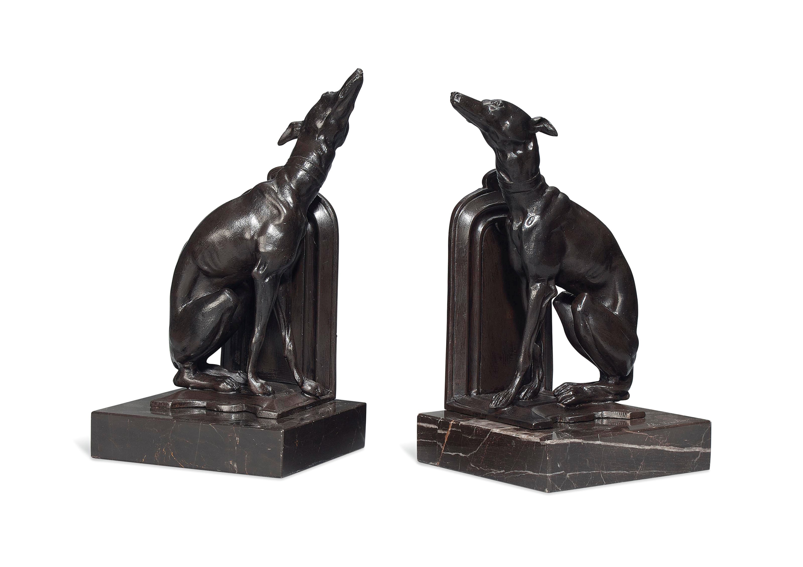 A PAIR OF COLD-PAINTED SPELTER 'GREYHOUND' BOOKENDS