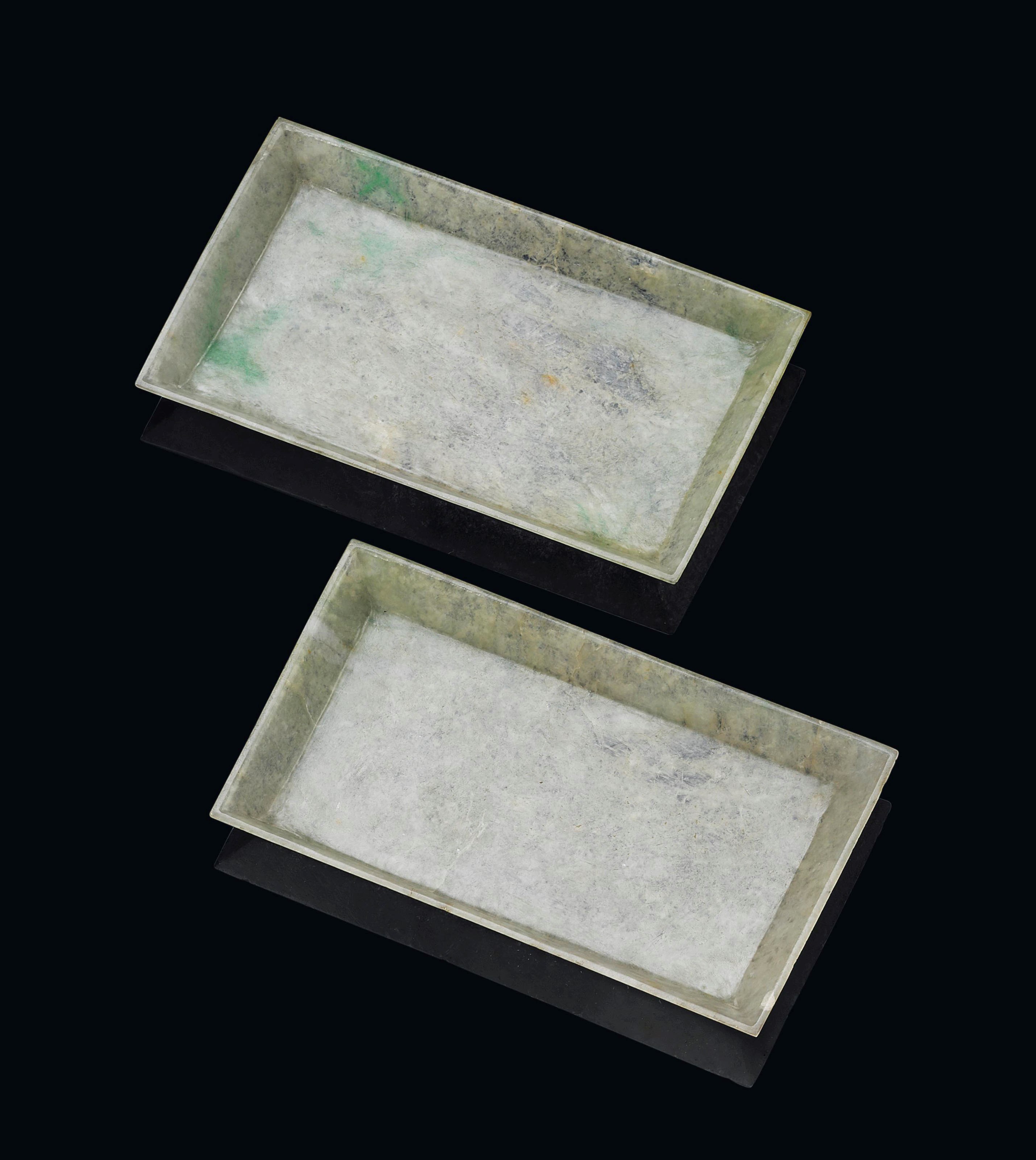 A PAIR OF CHINESE PALE JADEITE RECTANGULAR TRAYS